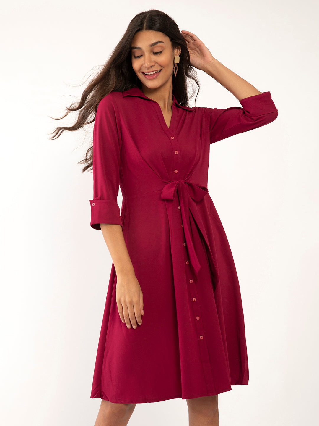 Red Solid A-Line Midi Dress