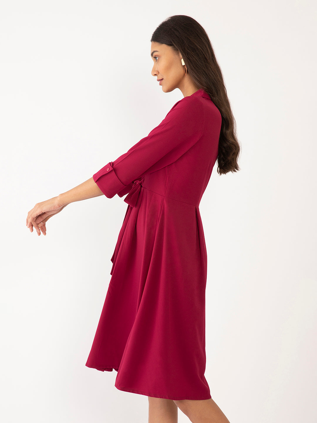 Red Solid A-Line Midi Dress