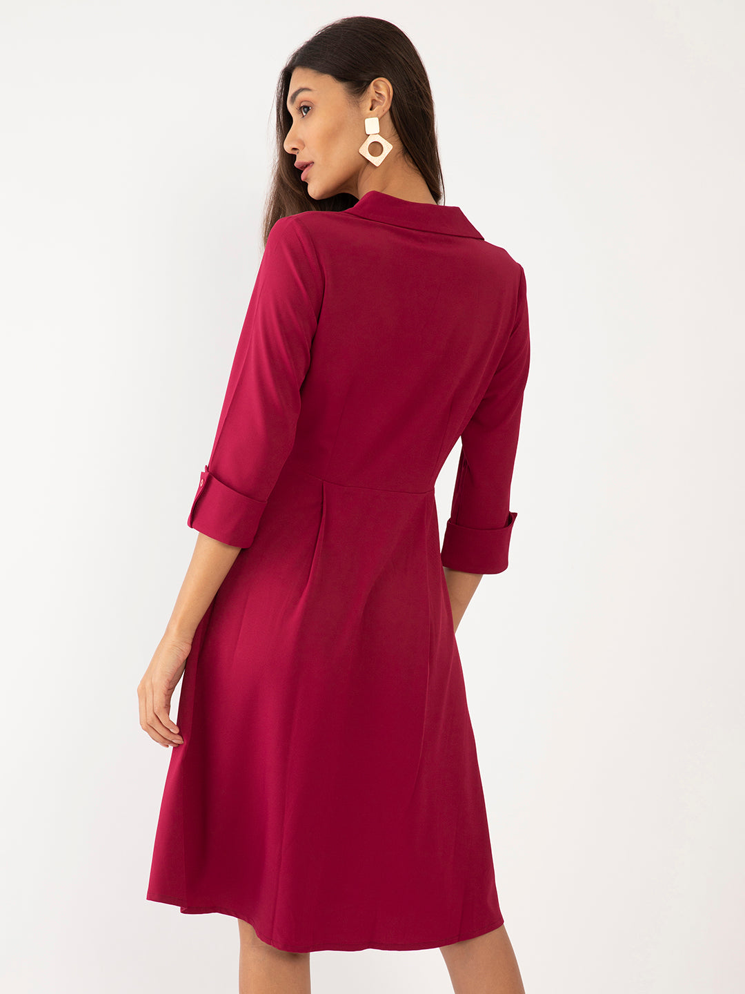 Red Solid A-Line Midi Dress