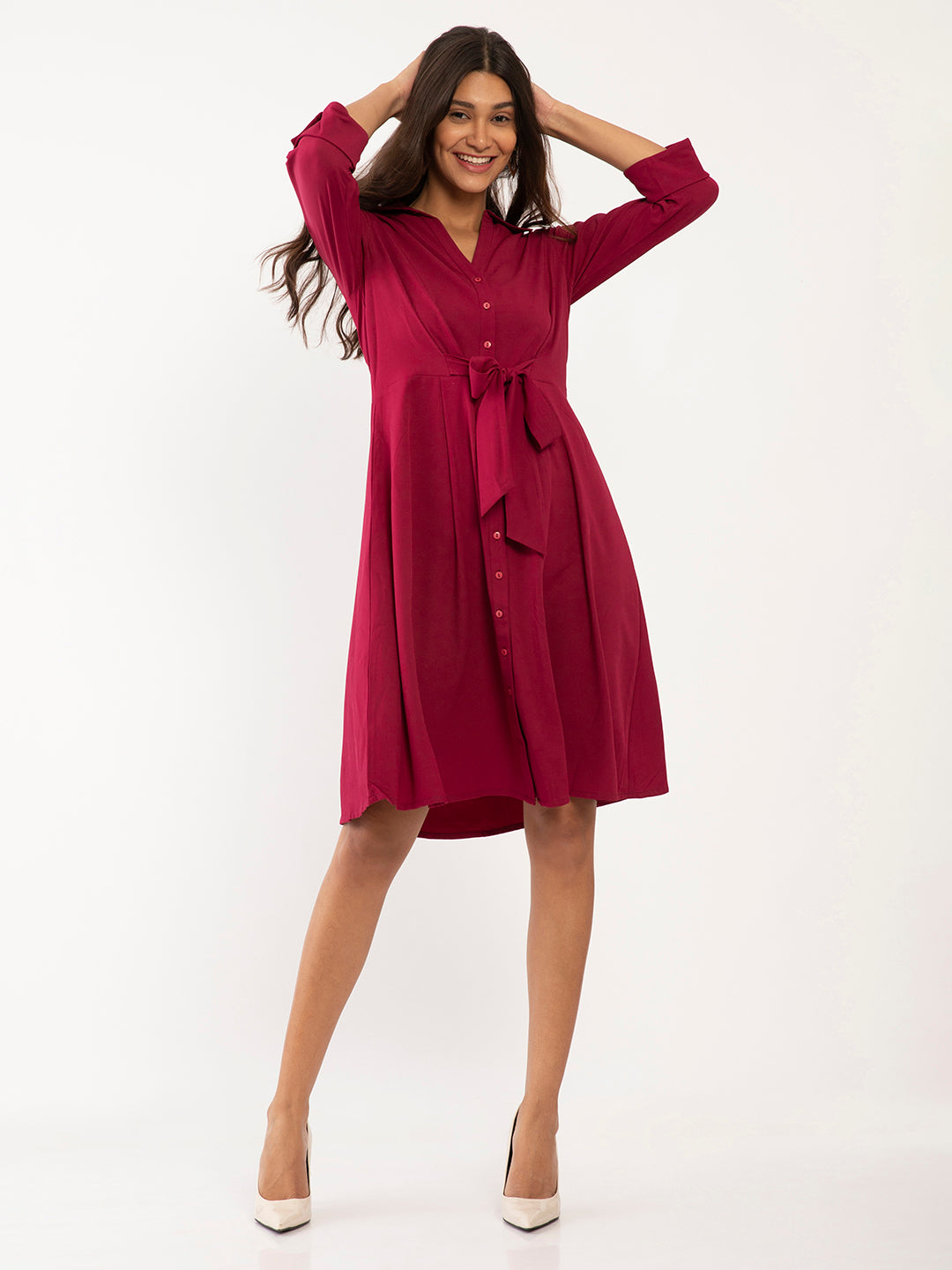 Red Solid A-Line Midi Dress