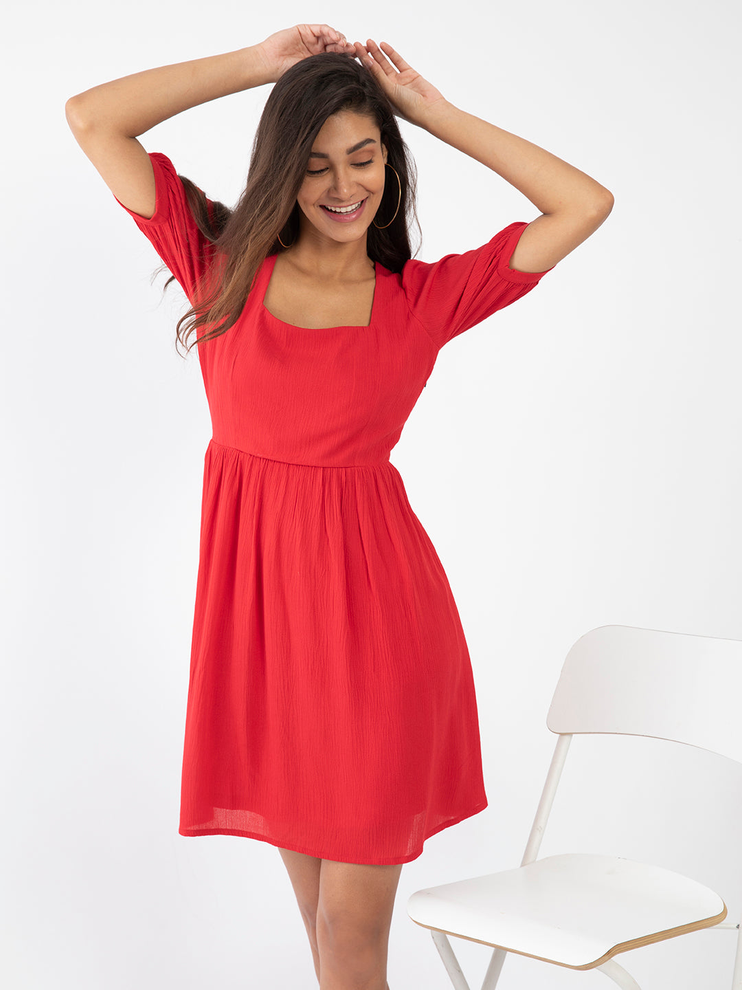 Red Solid Gathered Short Dress