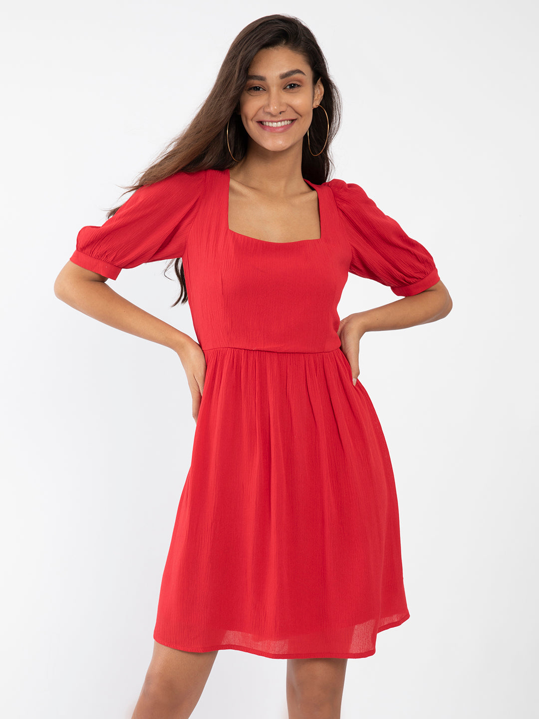 Red Solid Gathered Short Dress