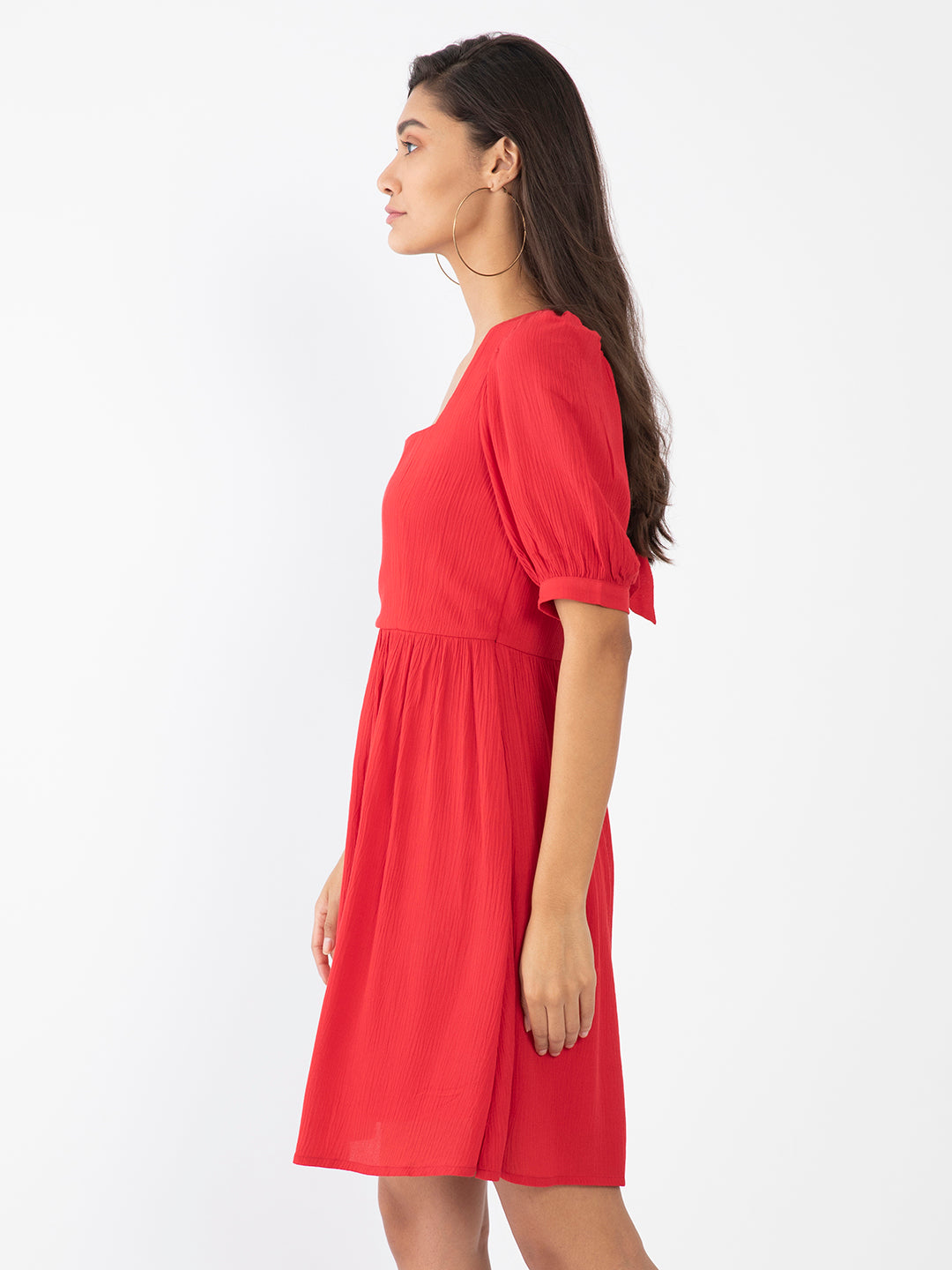 Red Solid Gathered Short Dress