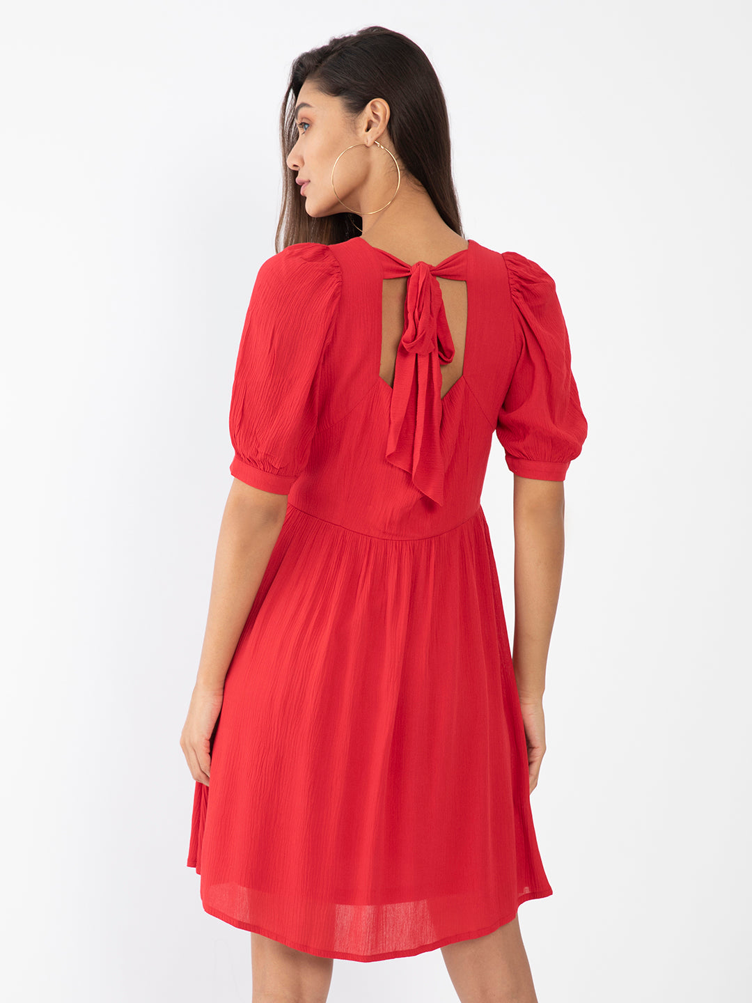 Red Solid Gathered Short Dress