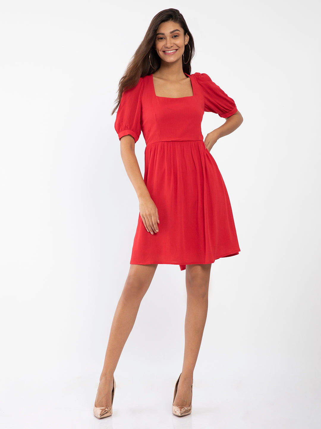 Red Solid Gathered Short Dress