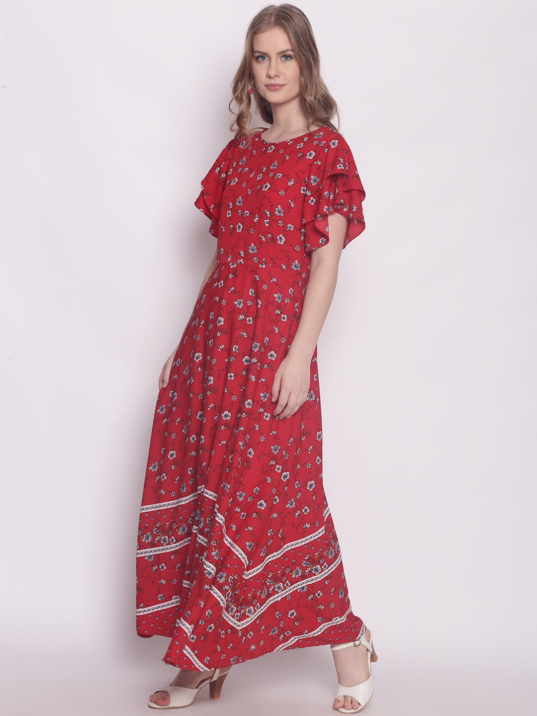 Red Floral Print A-Line Maxi Dress