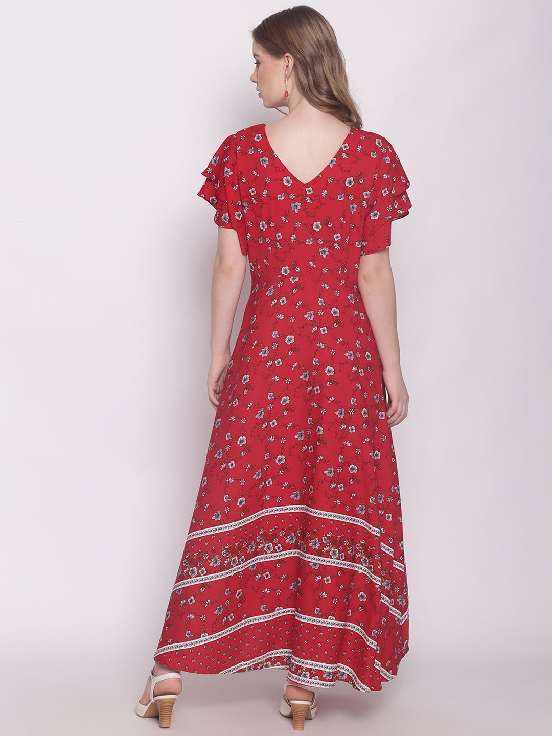 Red Floral Print A-Line Maxi Dress