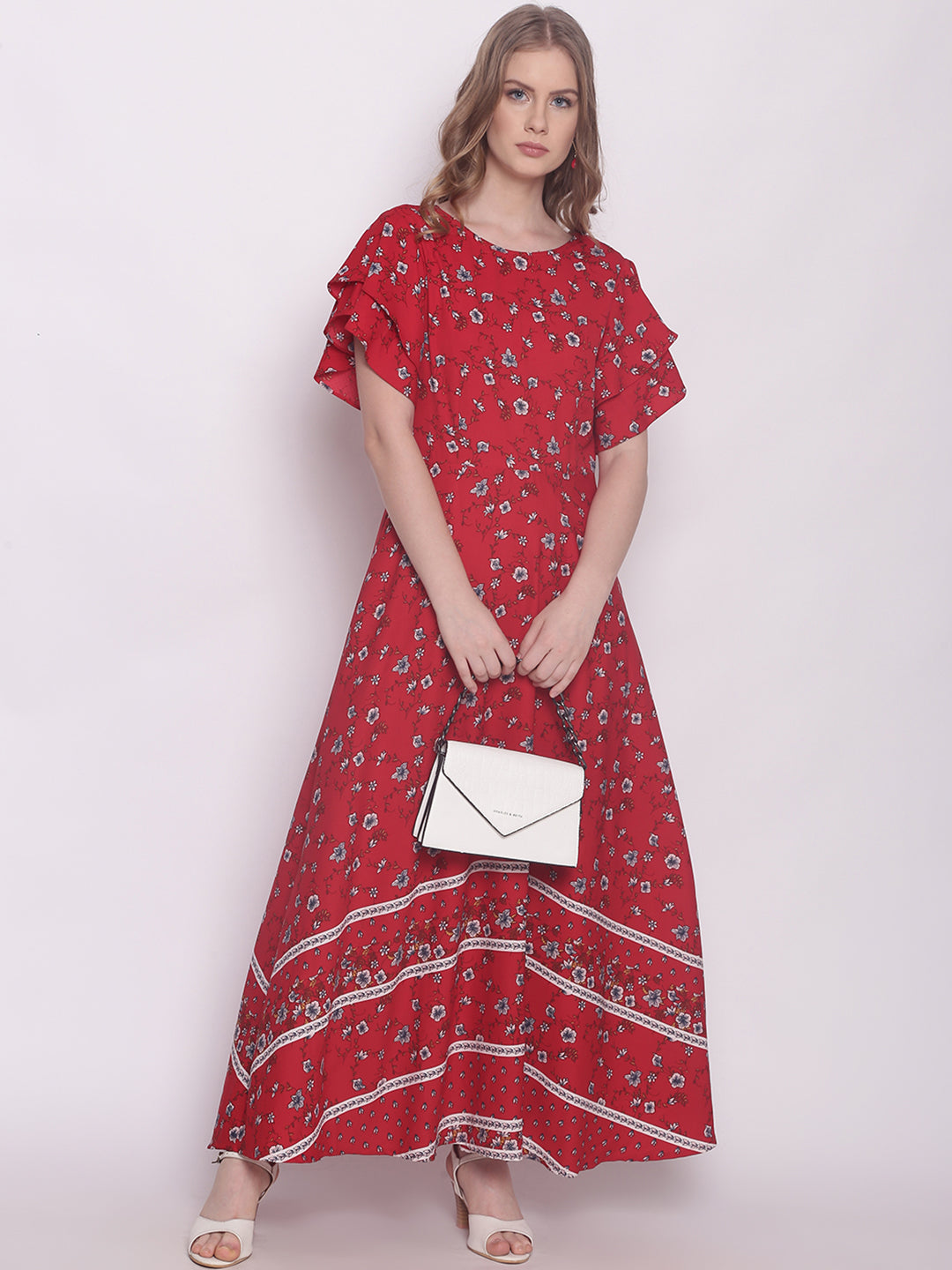 Red Floral Print A-Line Maxi Dress