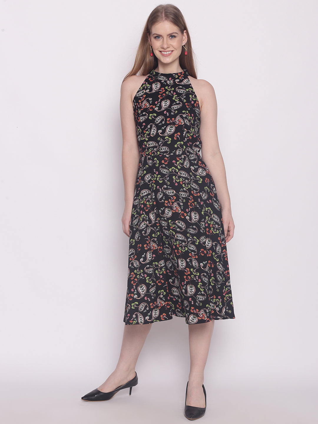 Black Floral Print Midi Dress