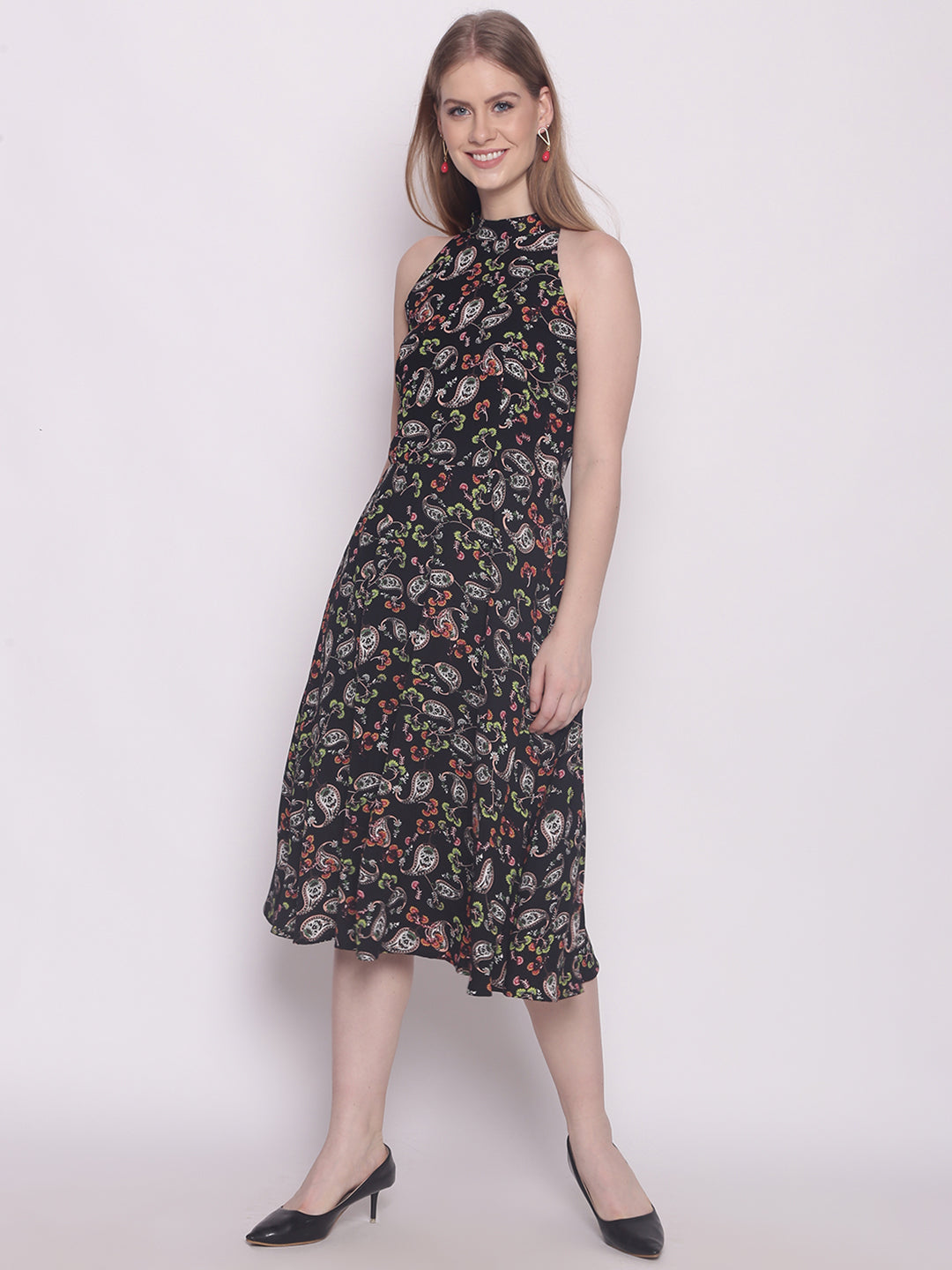 Black Floral Print Georgette Flared With A-Line Midi Dress-MID104