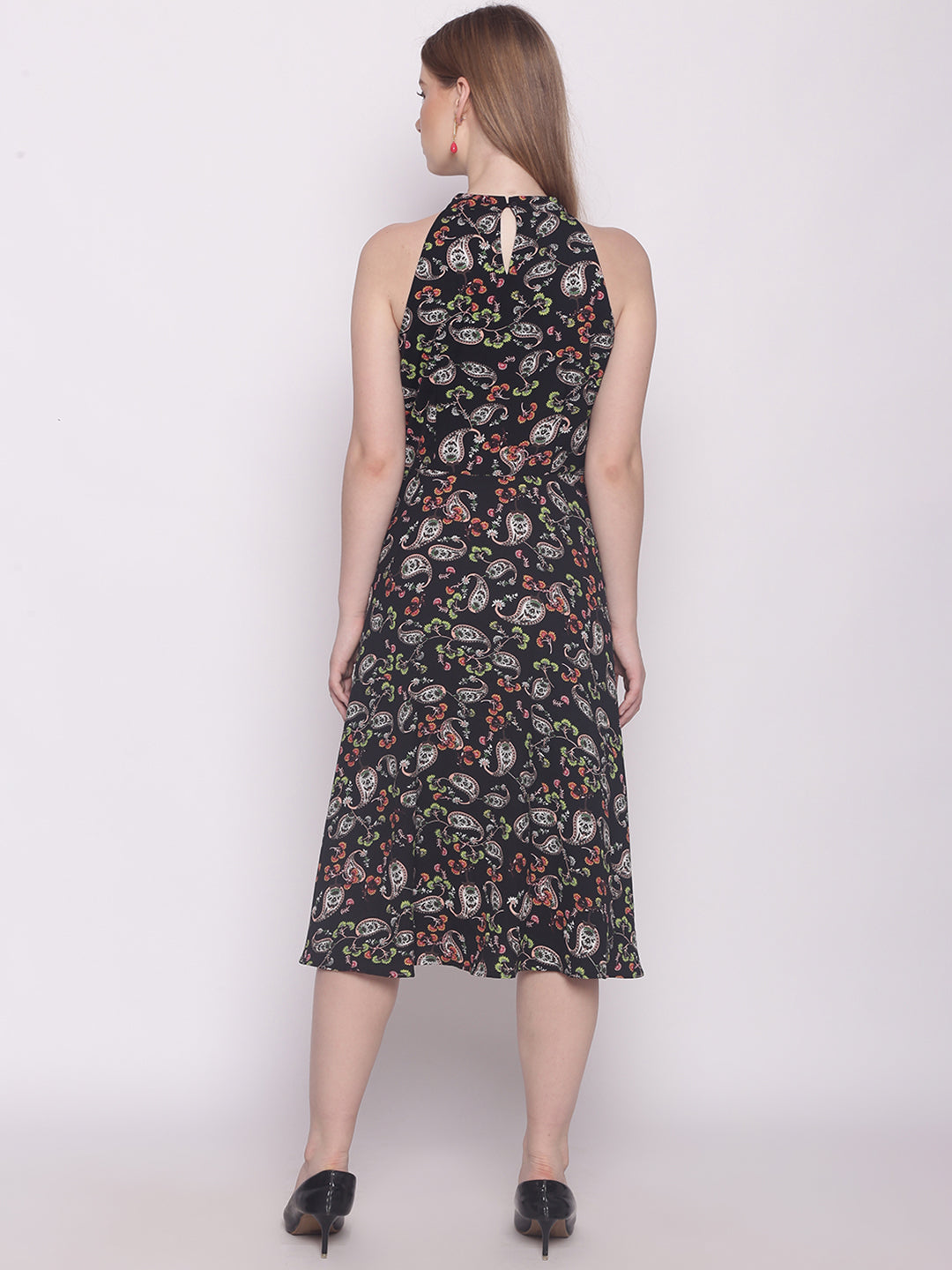 Black Floral Print Midi Dress