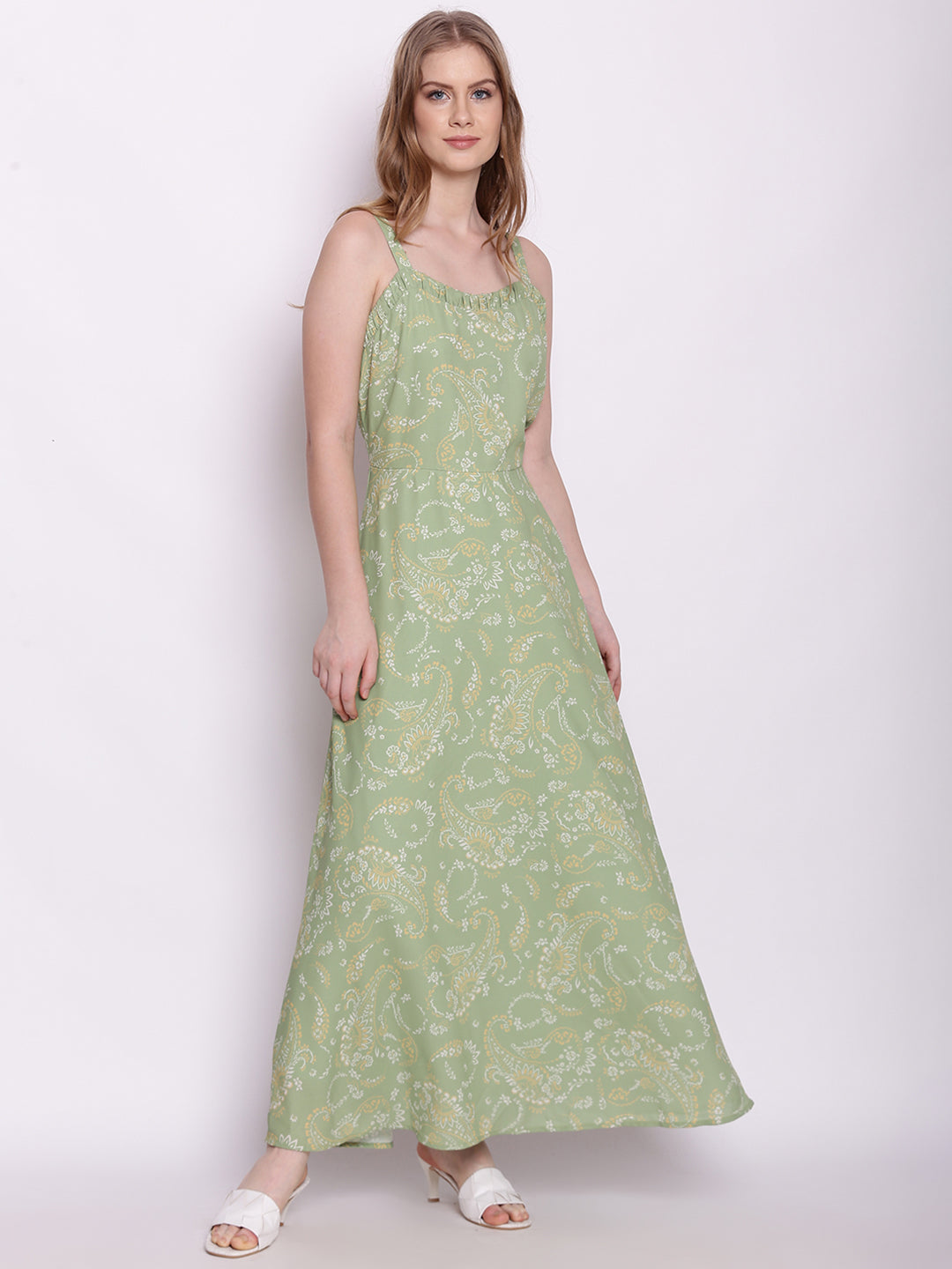 Green Tribal Print Fit & Flare Maxi Dress