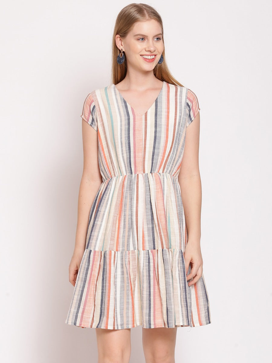 Multi Colored Striped Tiered Short Dress