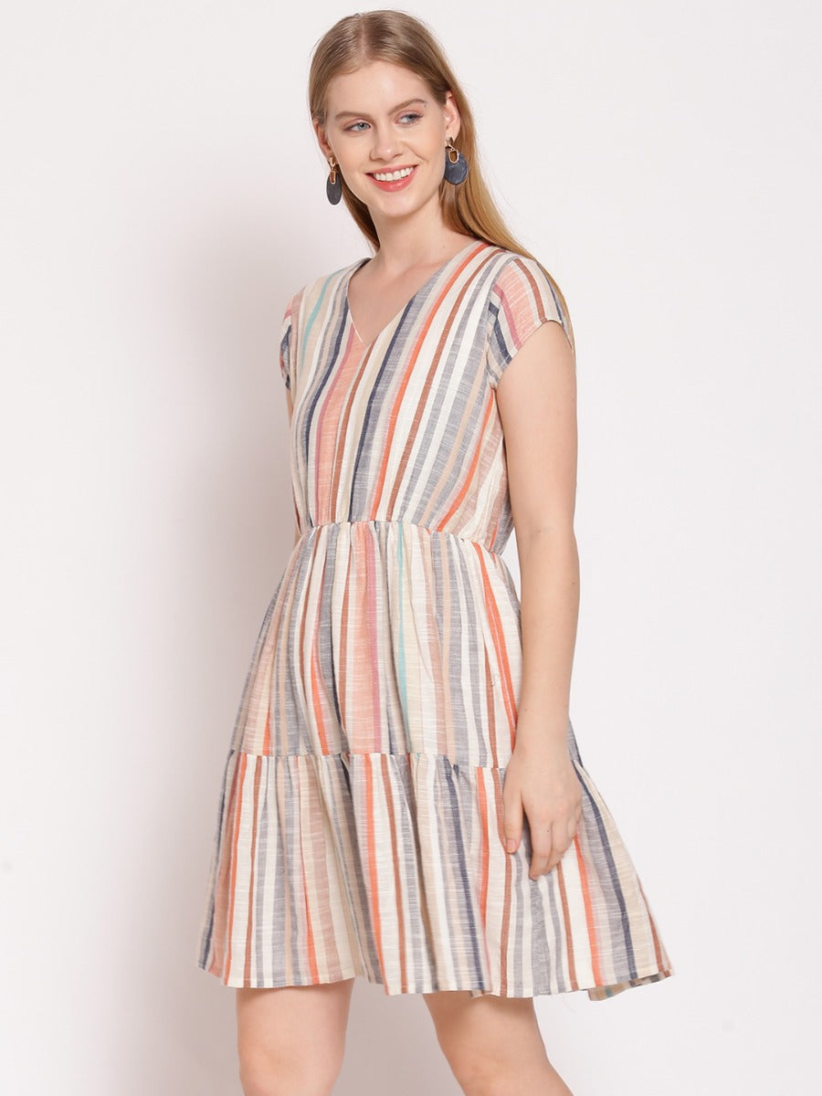 Multi Colored Striped Tiered Short Dress