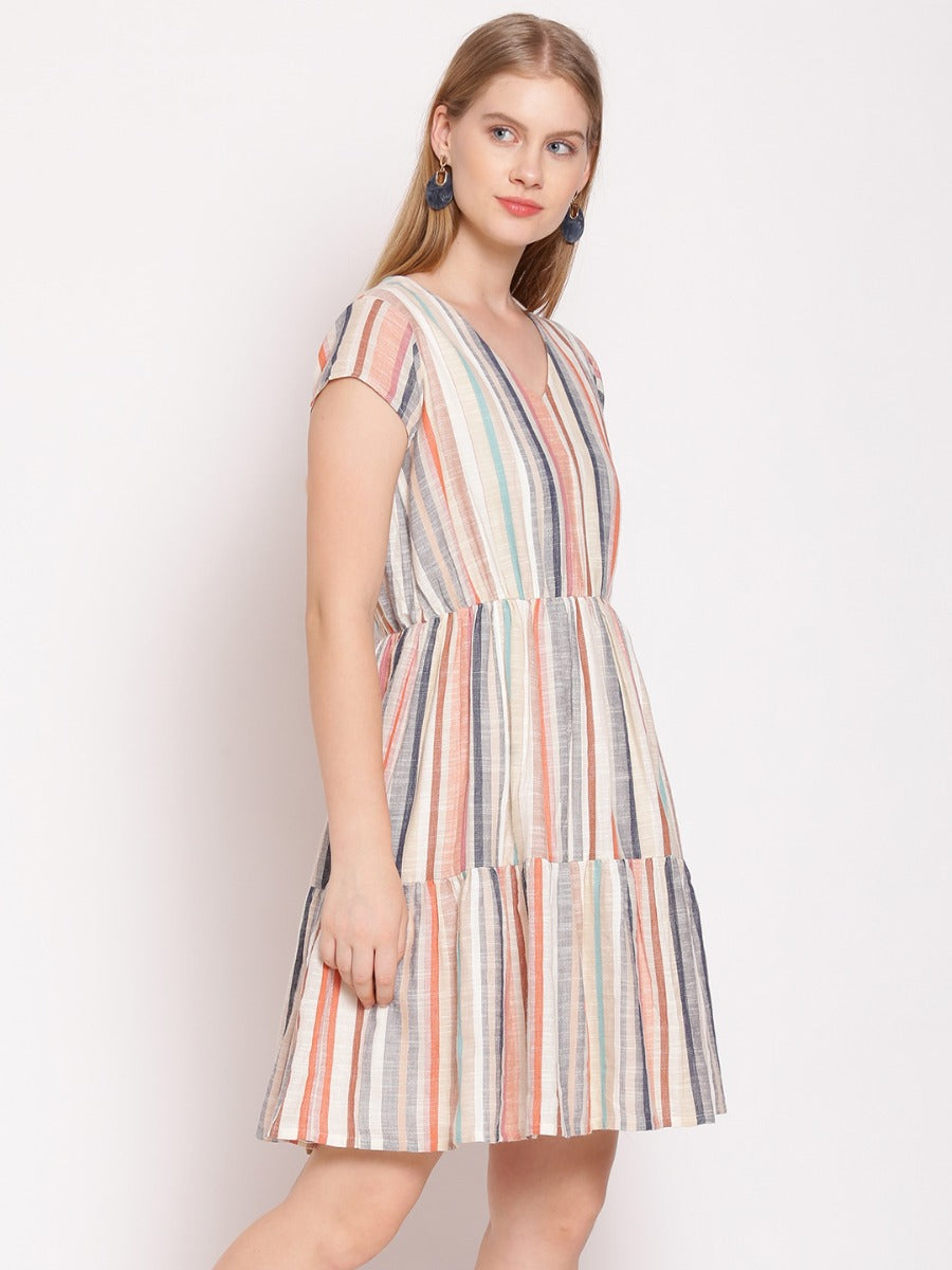 Multi Colored Striped Tiered Short Dress