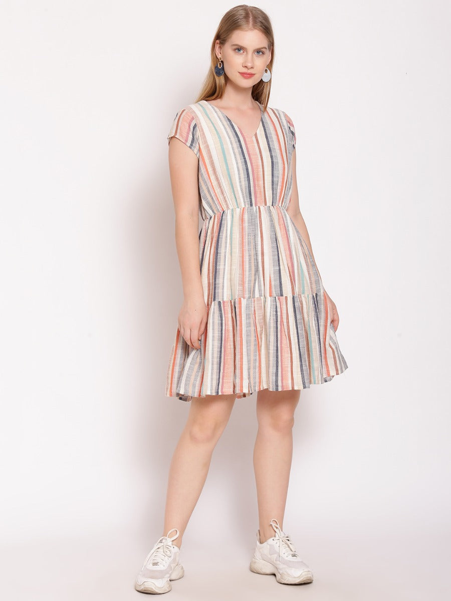 Multi Colored Striped Tiered Short Dress