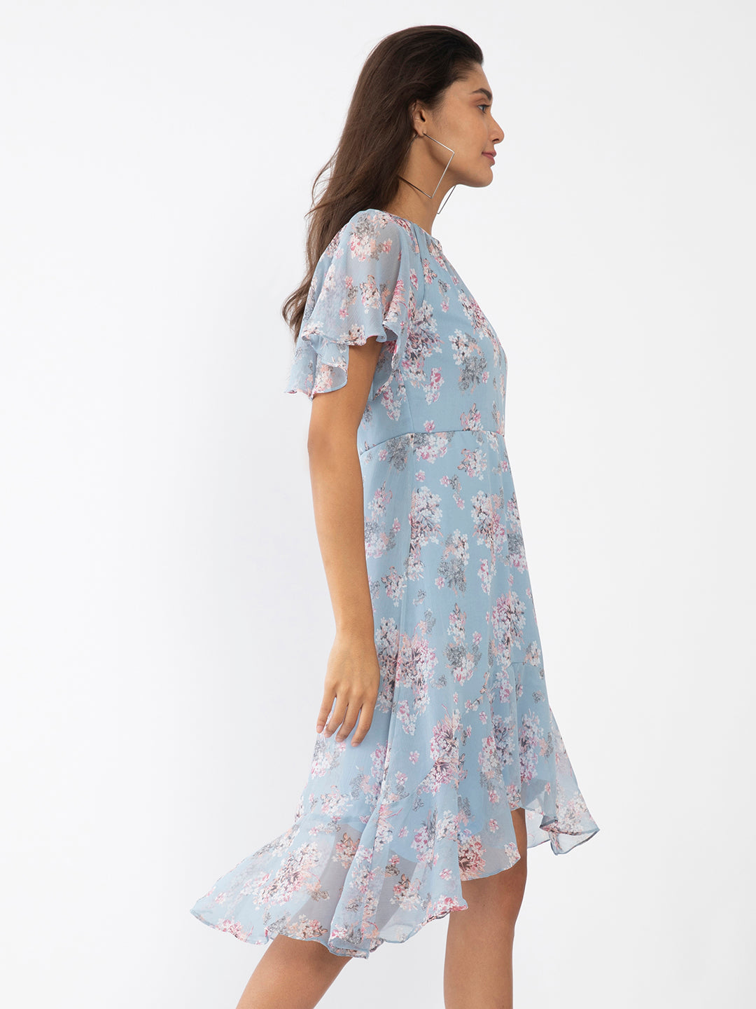 Blue Floral Print Tiered Dress