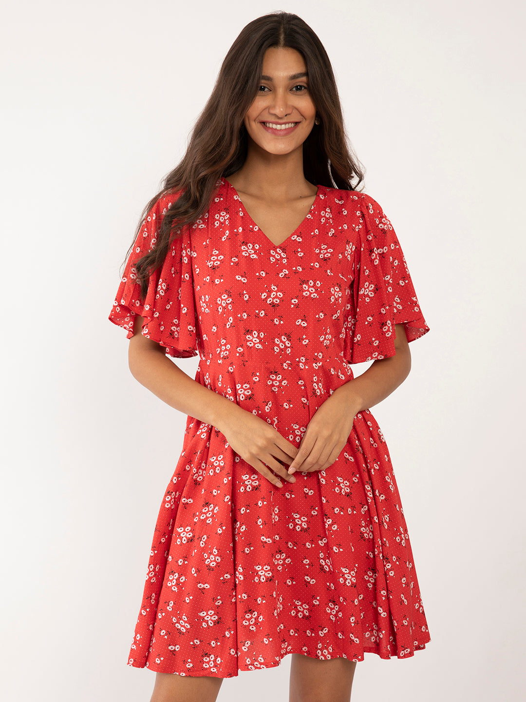 Red Floral Print Flared Sleeve Short Dress