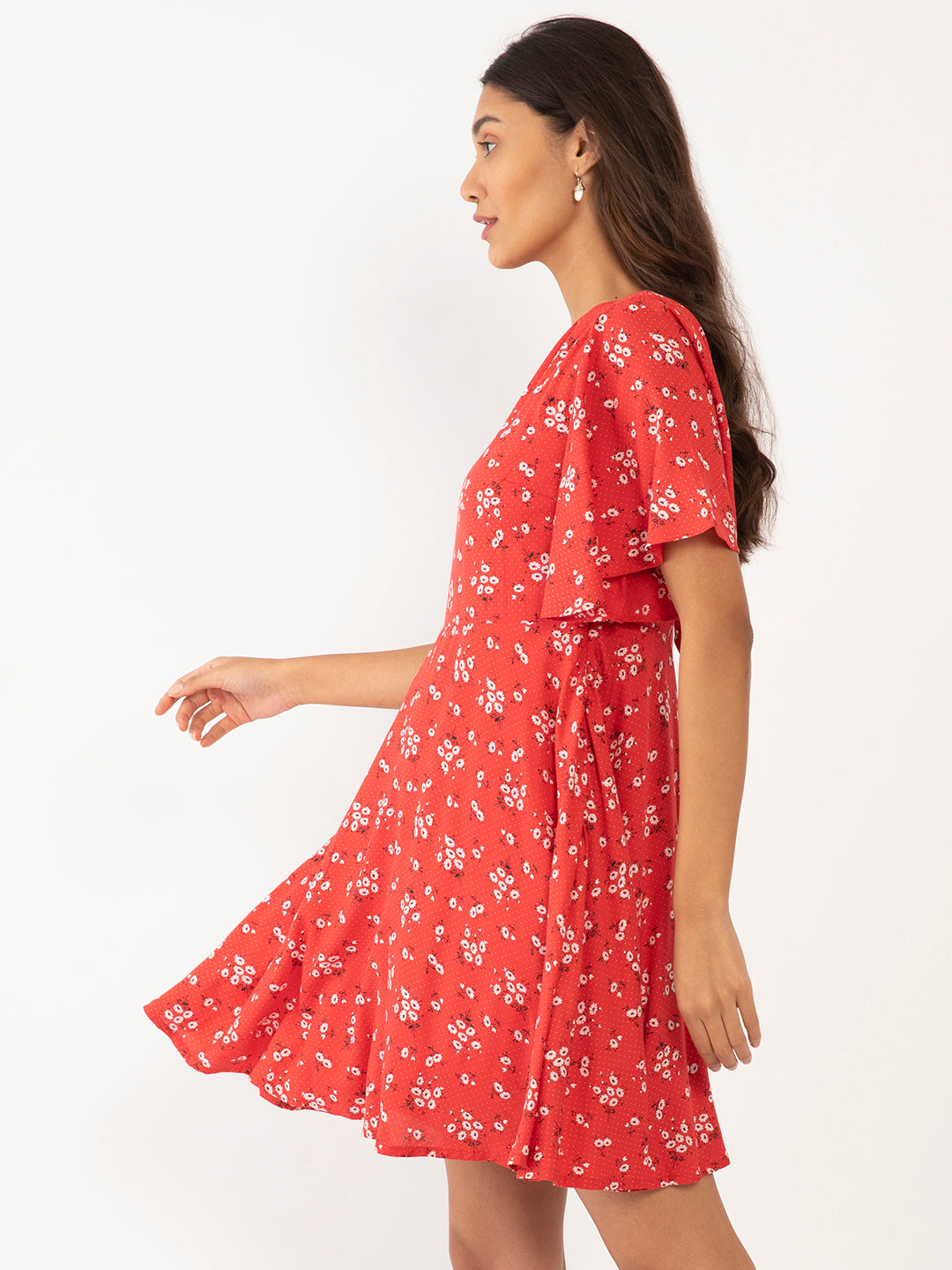 Red Floral Print Flared Sleeve Short Dress