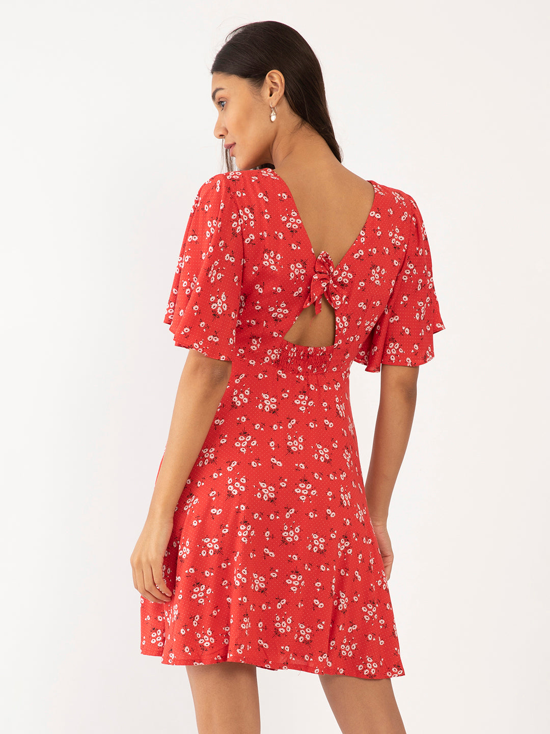 Red Floral Print Flared Sleeve Short Dress