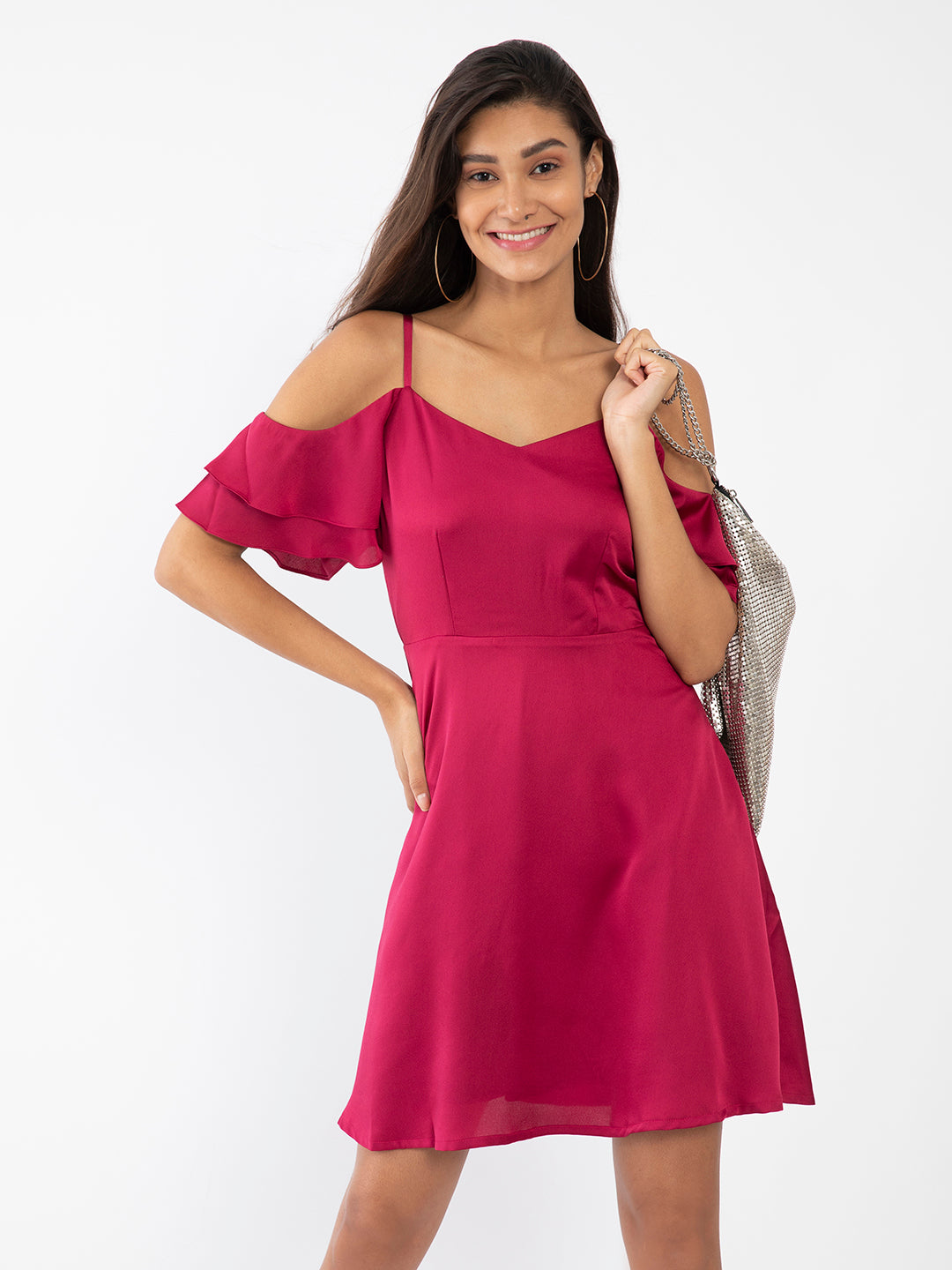 Maroon Solid Fit & Flare Short Dress