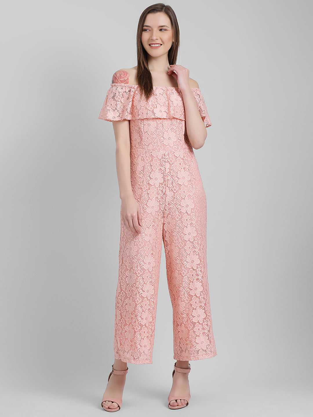 Peach Self Design Regular Jumpsuit