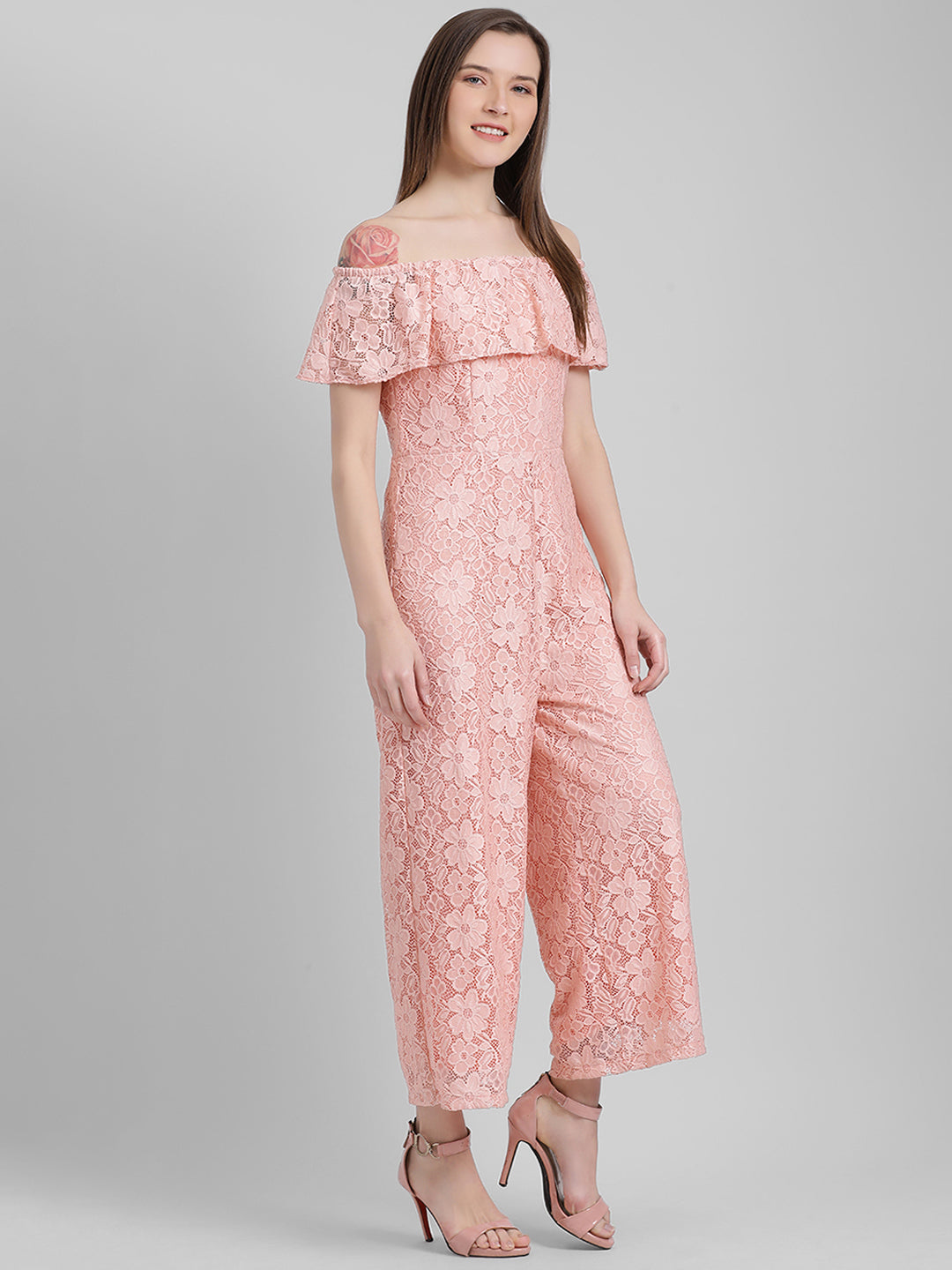 Peach Self Design Regular Jumpsuit