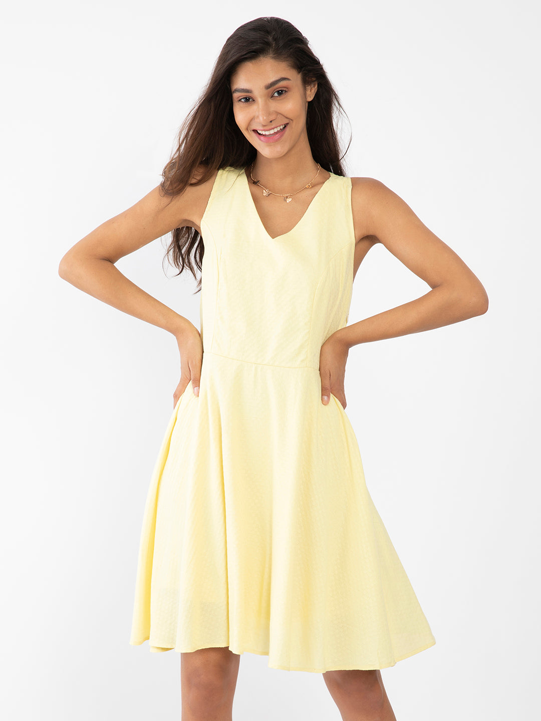 Yellow Textured Fit & Flare Short Dress