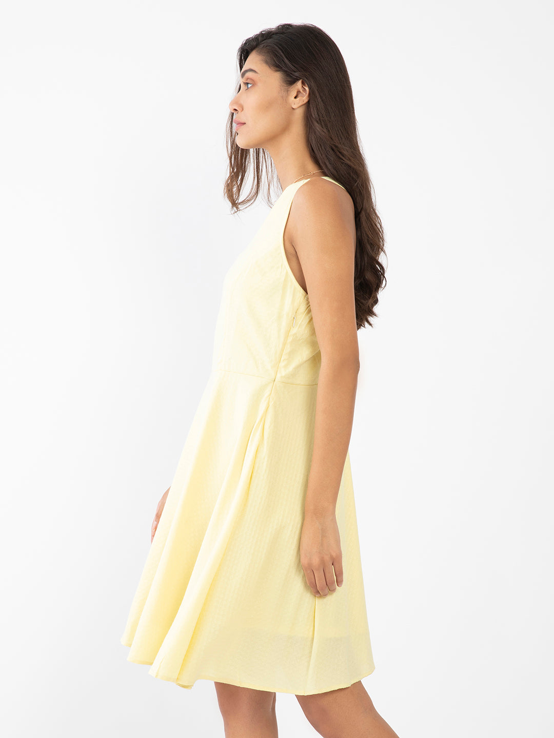 Yellow Textured Fit & Flare Short Dress