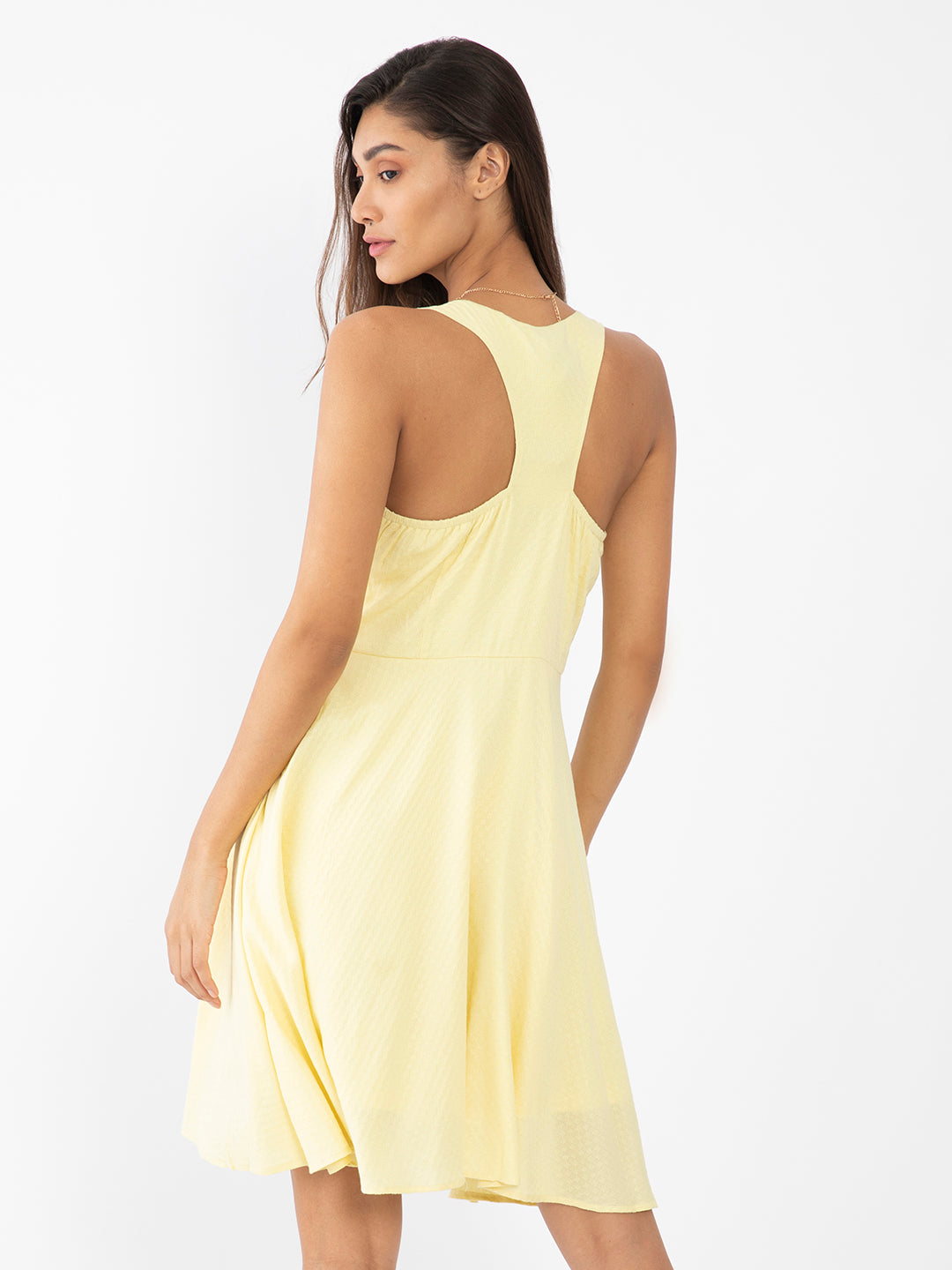 Yellow Textured Fit & Flare Short Dress