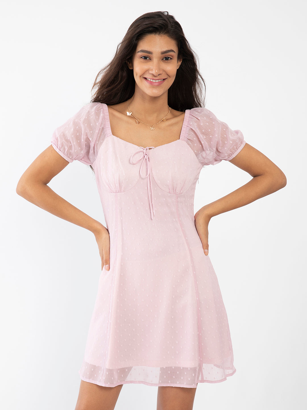 Pink Textured Short Dress For Women