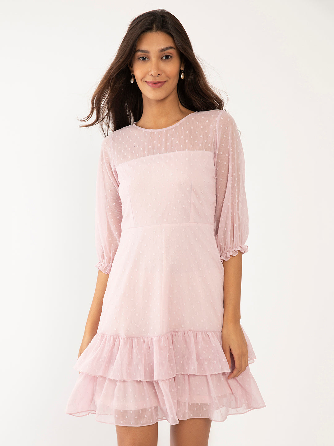 Pink Textured Tiered Short Dress