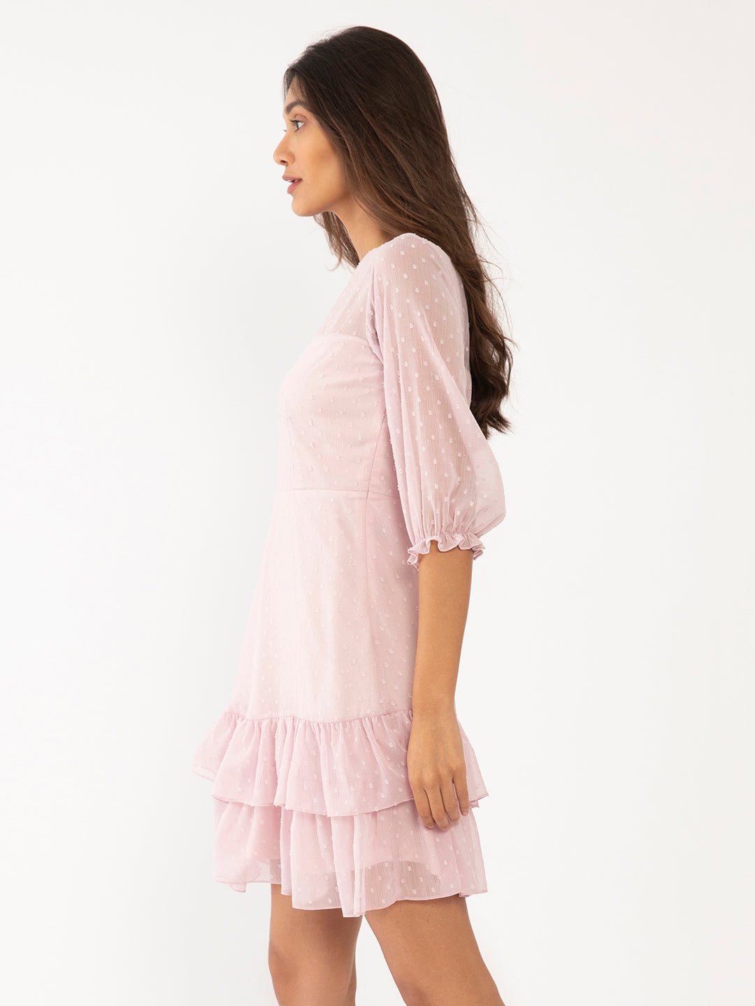 Pink Textured Tiered Short Dress