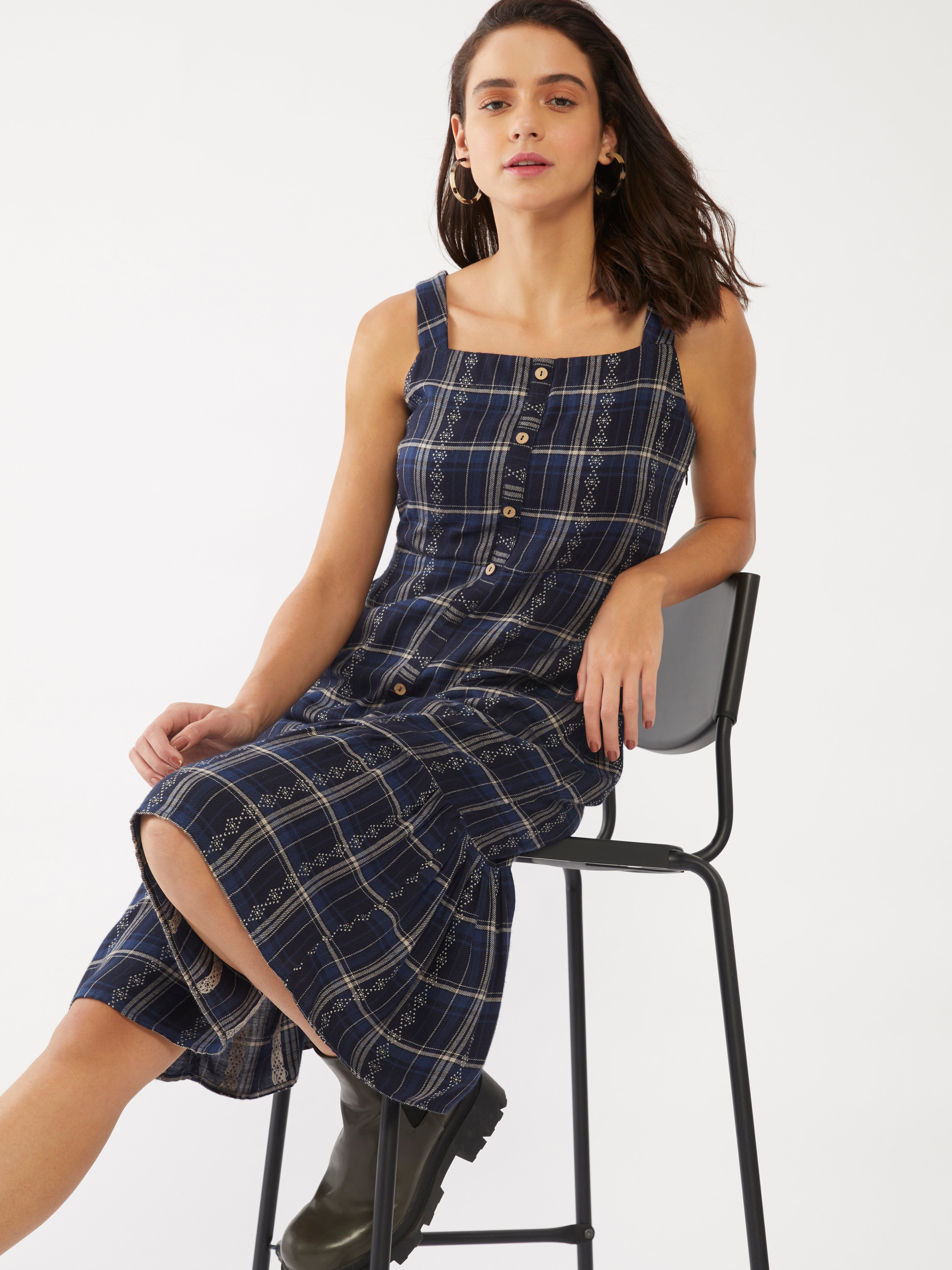 Blue Checked Tiered Midi Dress