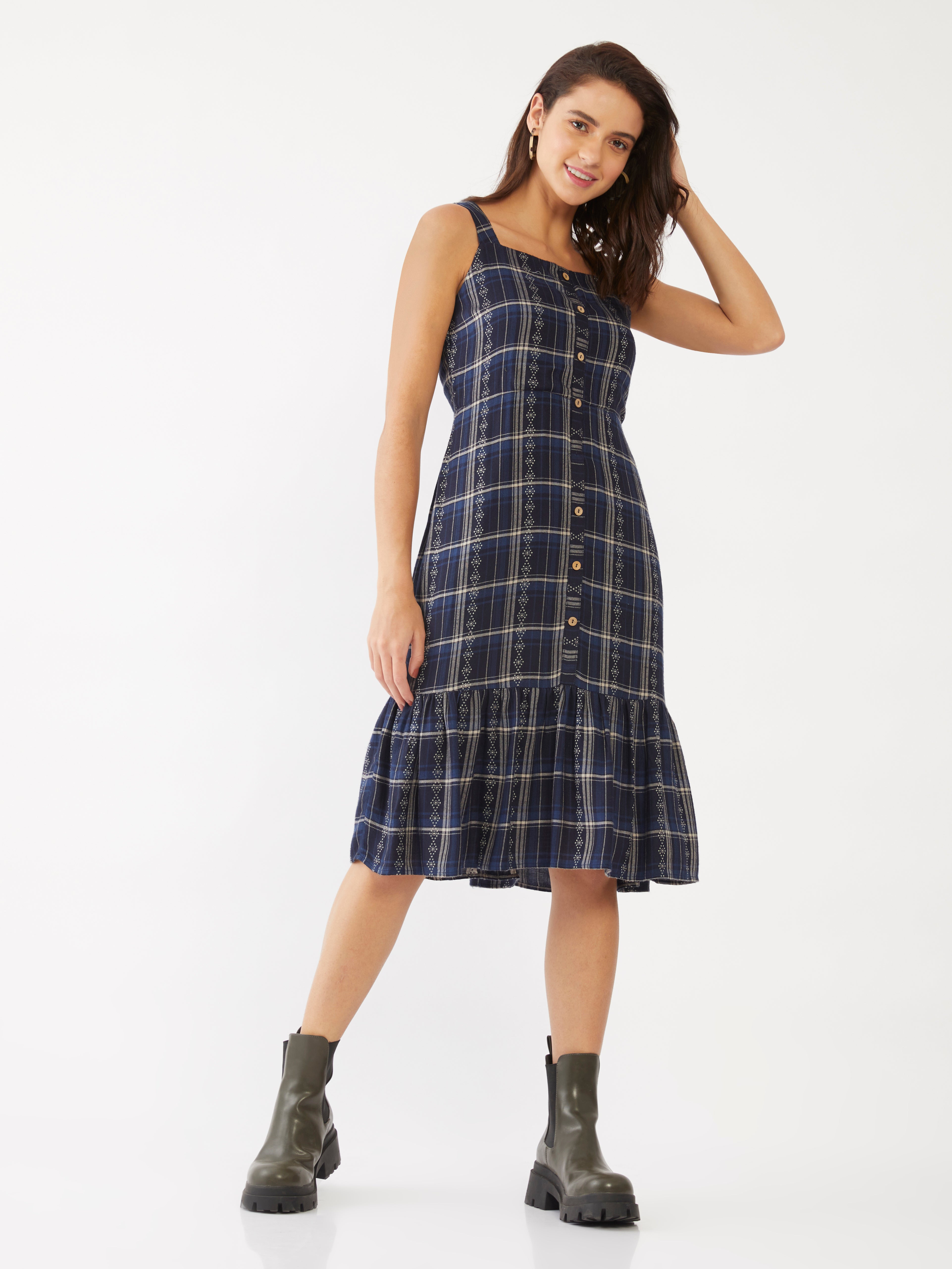 Blue Checked Tiered Midi Dress