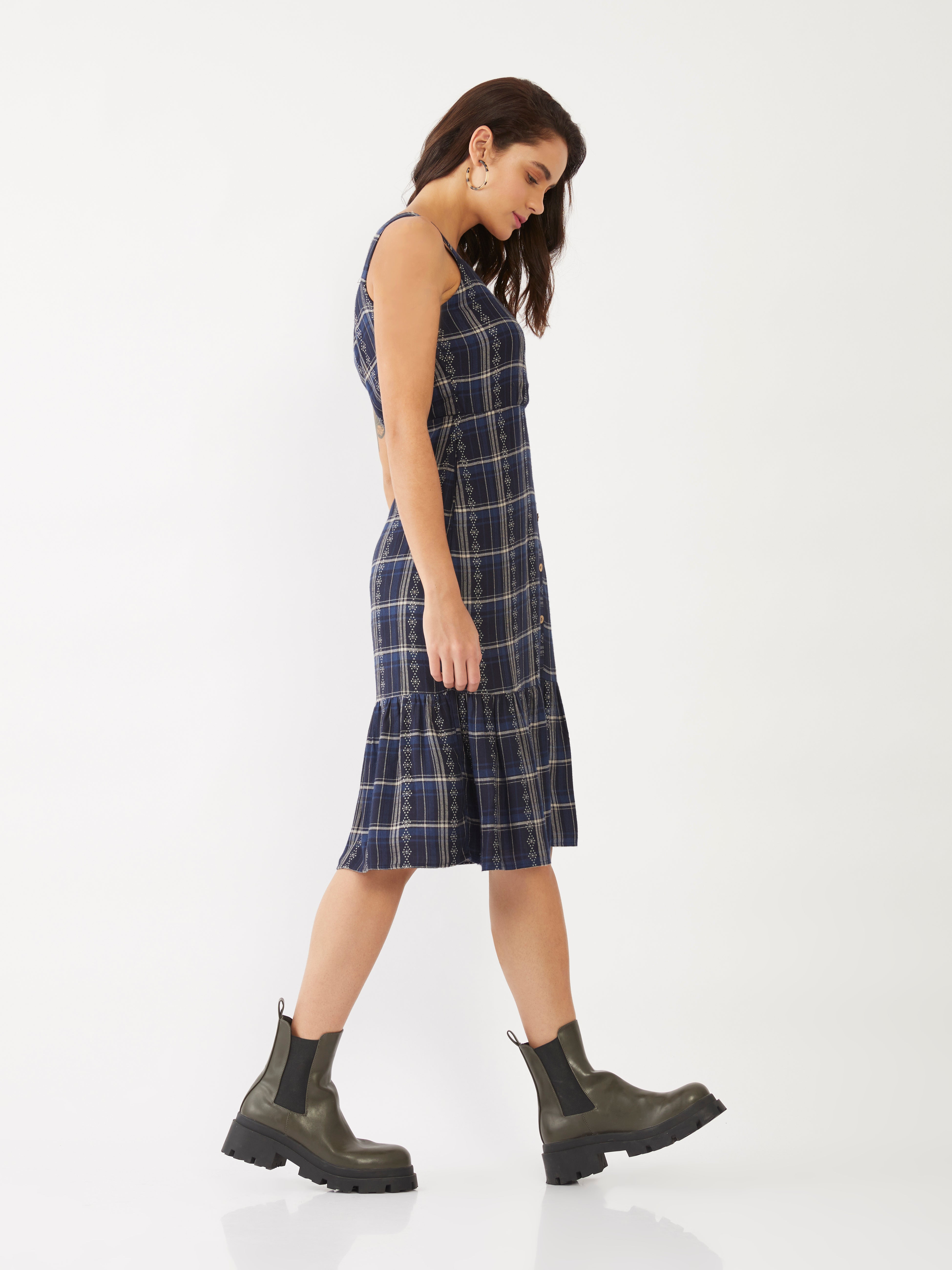 Blue Checked Tiered Midi Dress