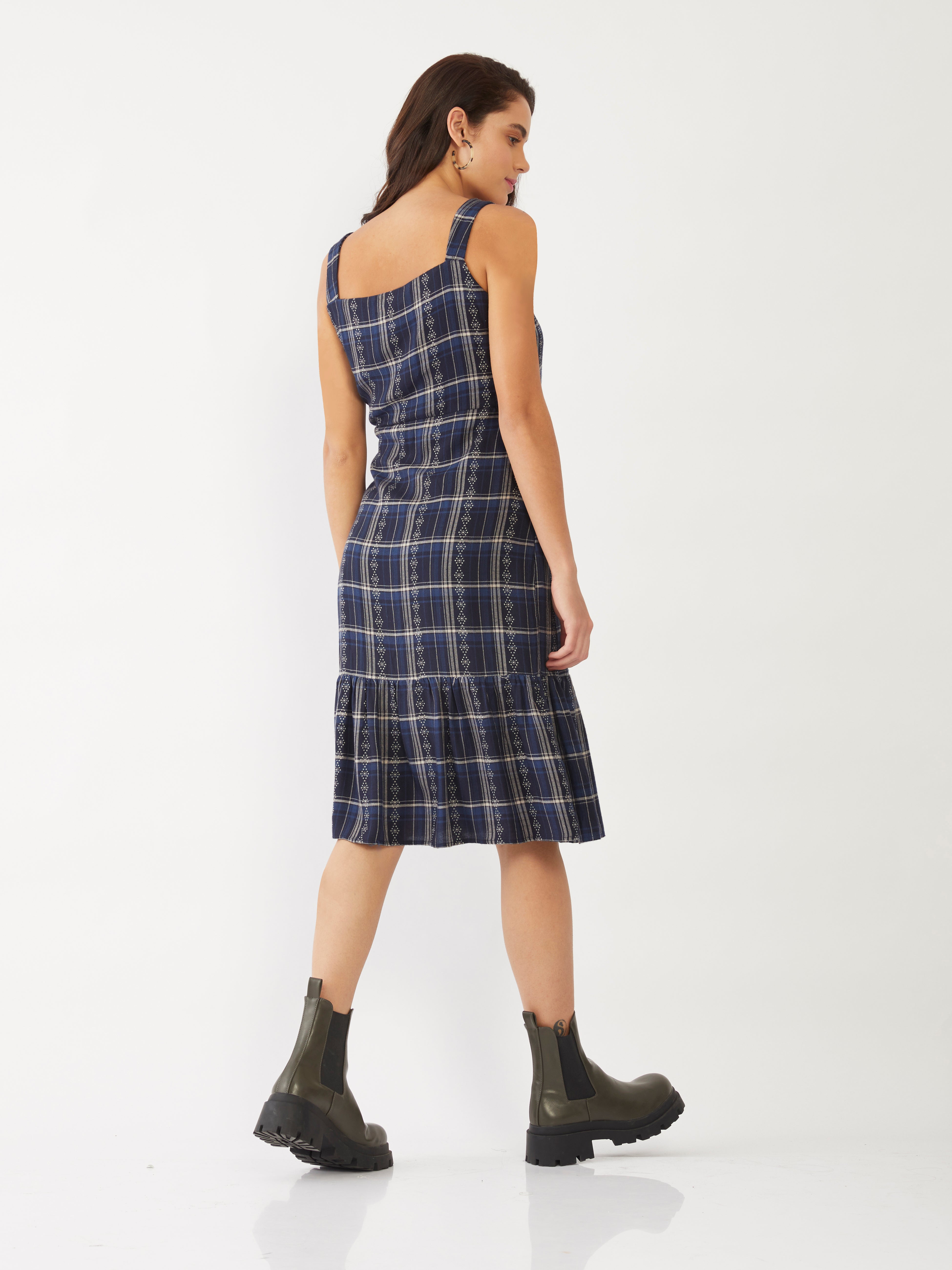 Blue Checked Tiered Midi Dress