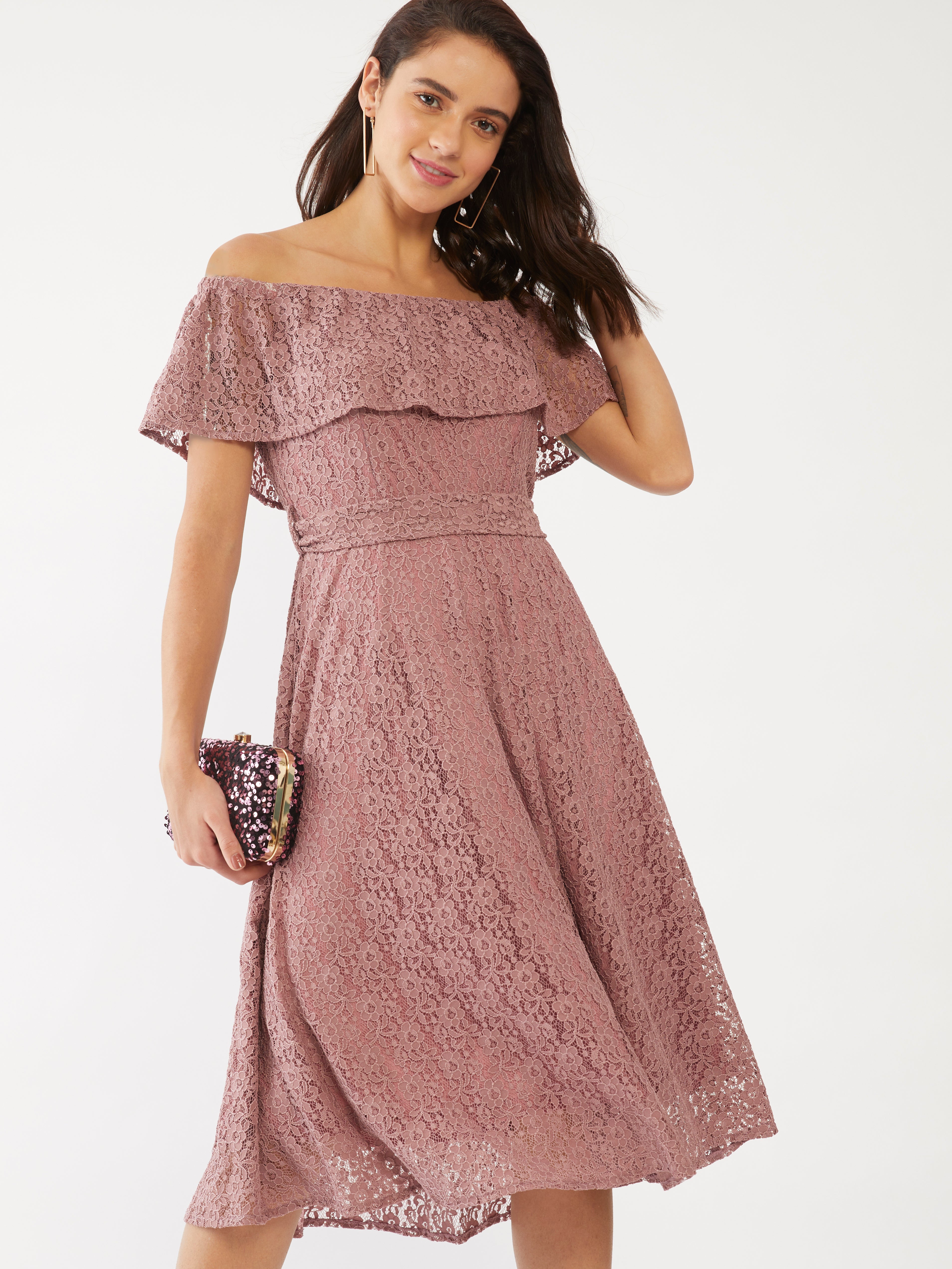 Pink Lace Off-shoulder Midi Dress