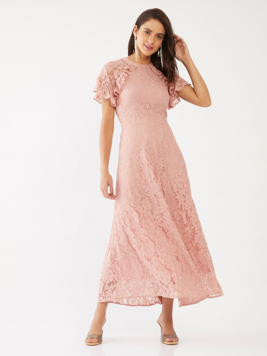 Pink Lace Flared Sleeve Maxi Dress