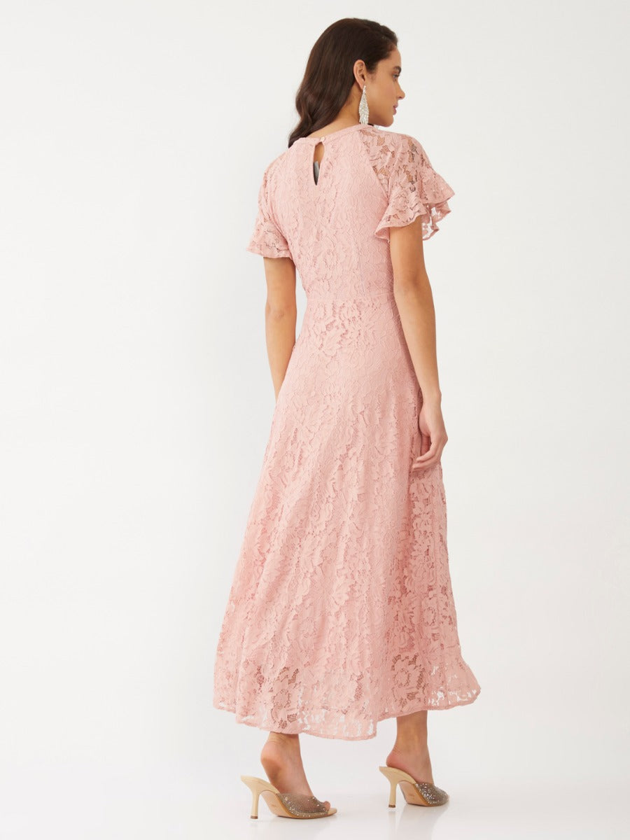 Pink Lace Flared Sleeve Maxi Dress