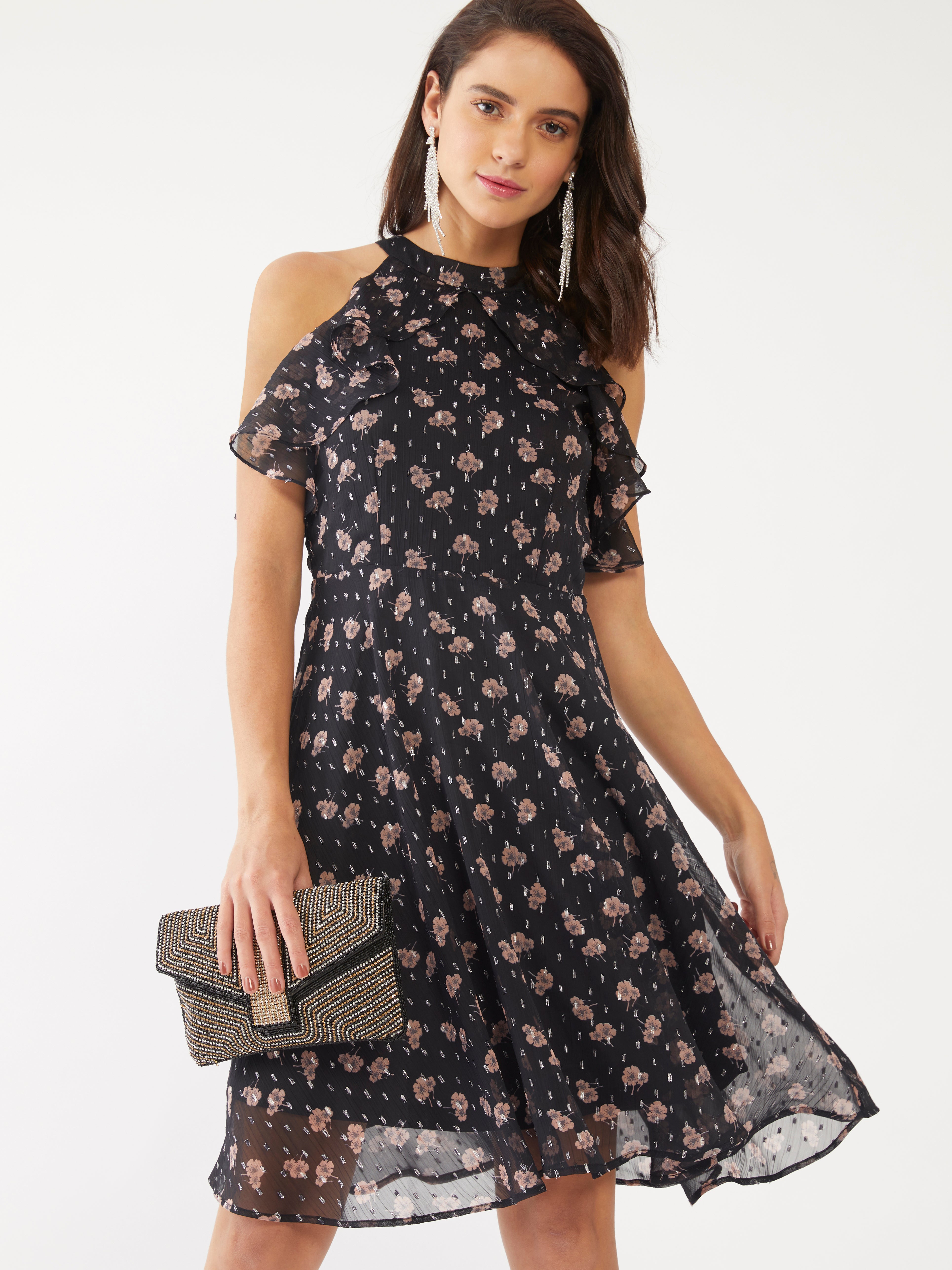 Black Floral Print Ruffled Short Dress