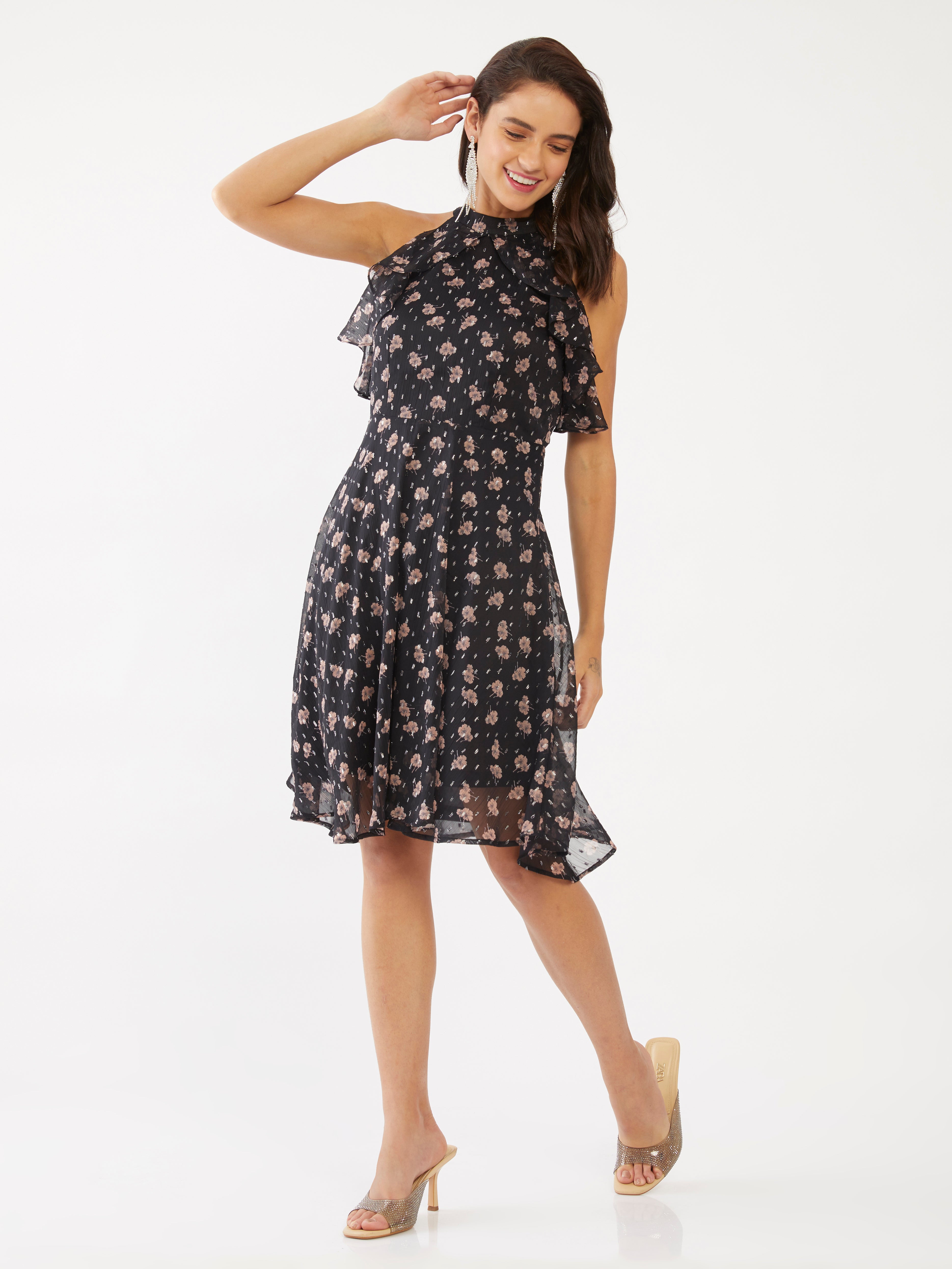 Black Floral Print Ruffled Short Dress