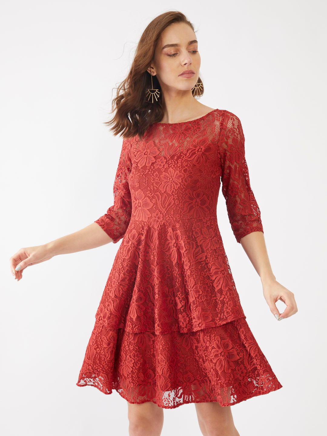 Red Lace Tiered Short Dress