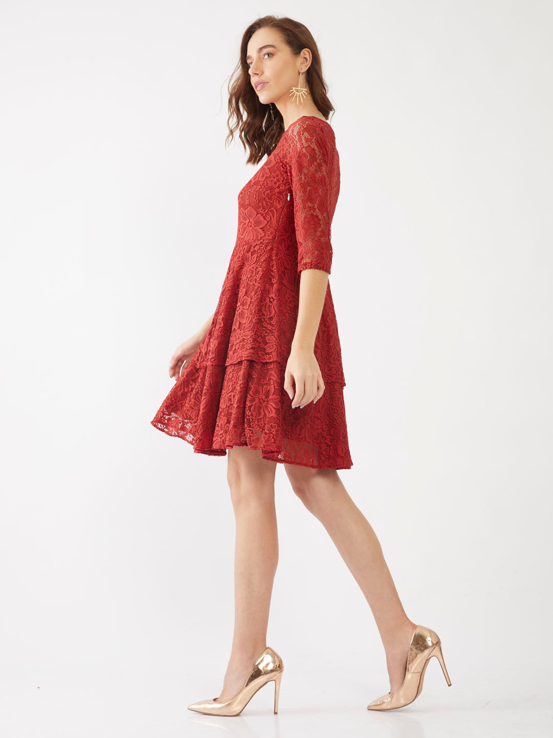 Red Lace Tiered Short Dress