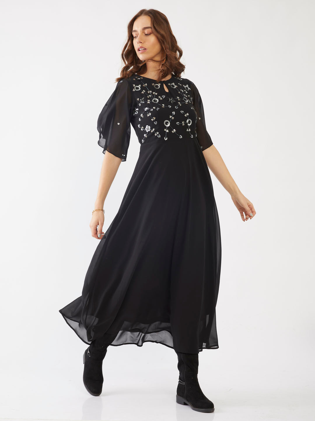 Black Embellished Flared Sleeve Maxi