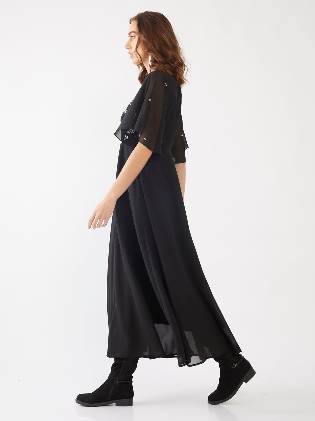 Black Embellished Flared Sleeve Maxi