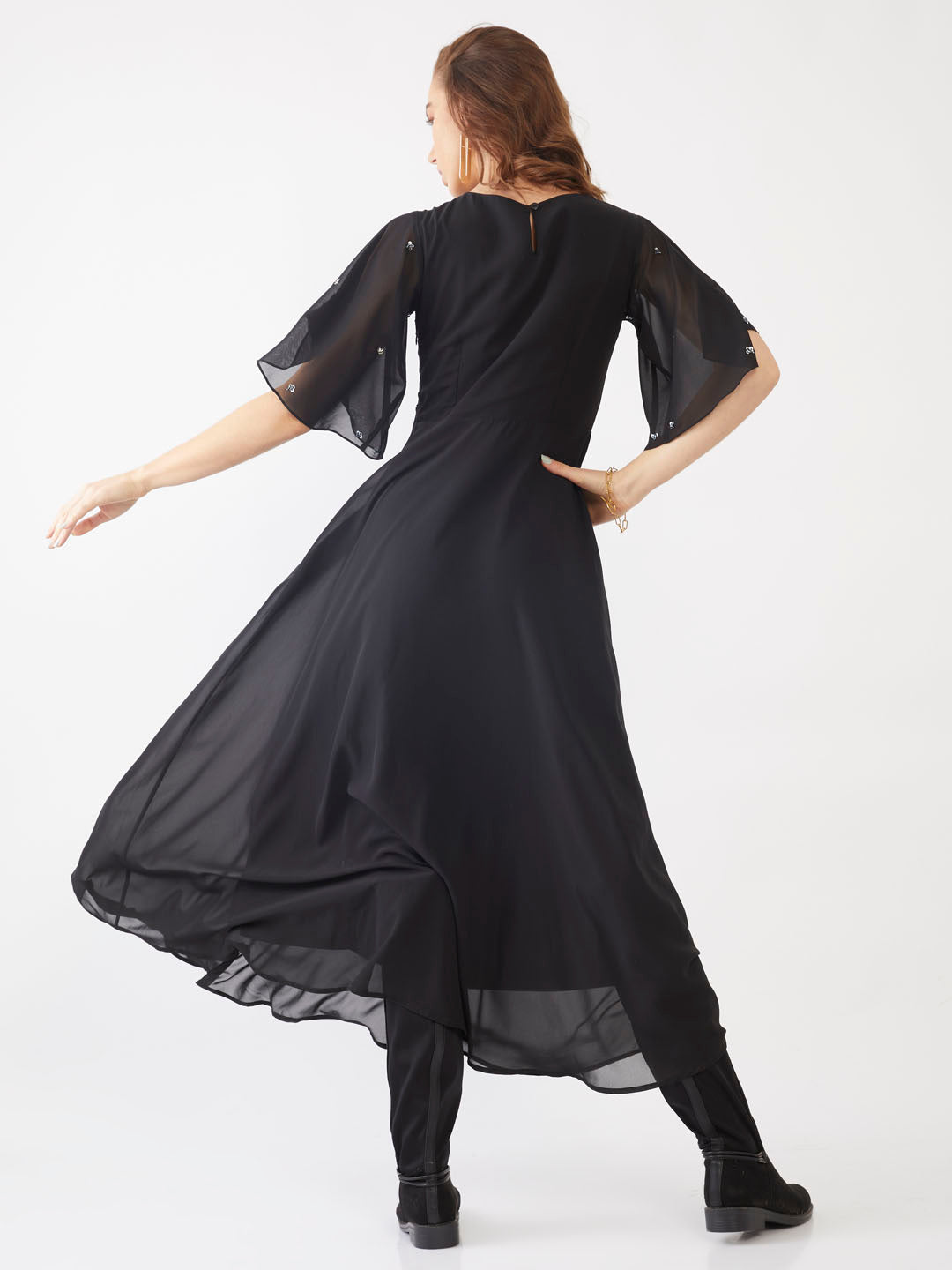 Black Embellished Flared Sleeve Maxi