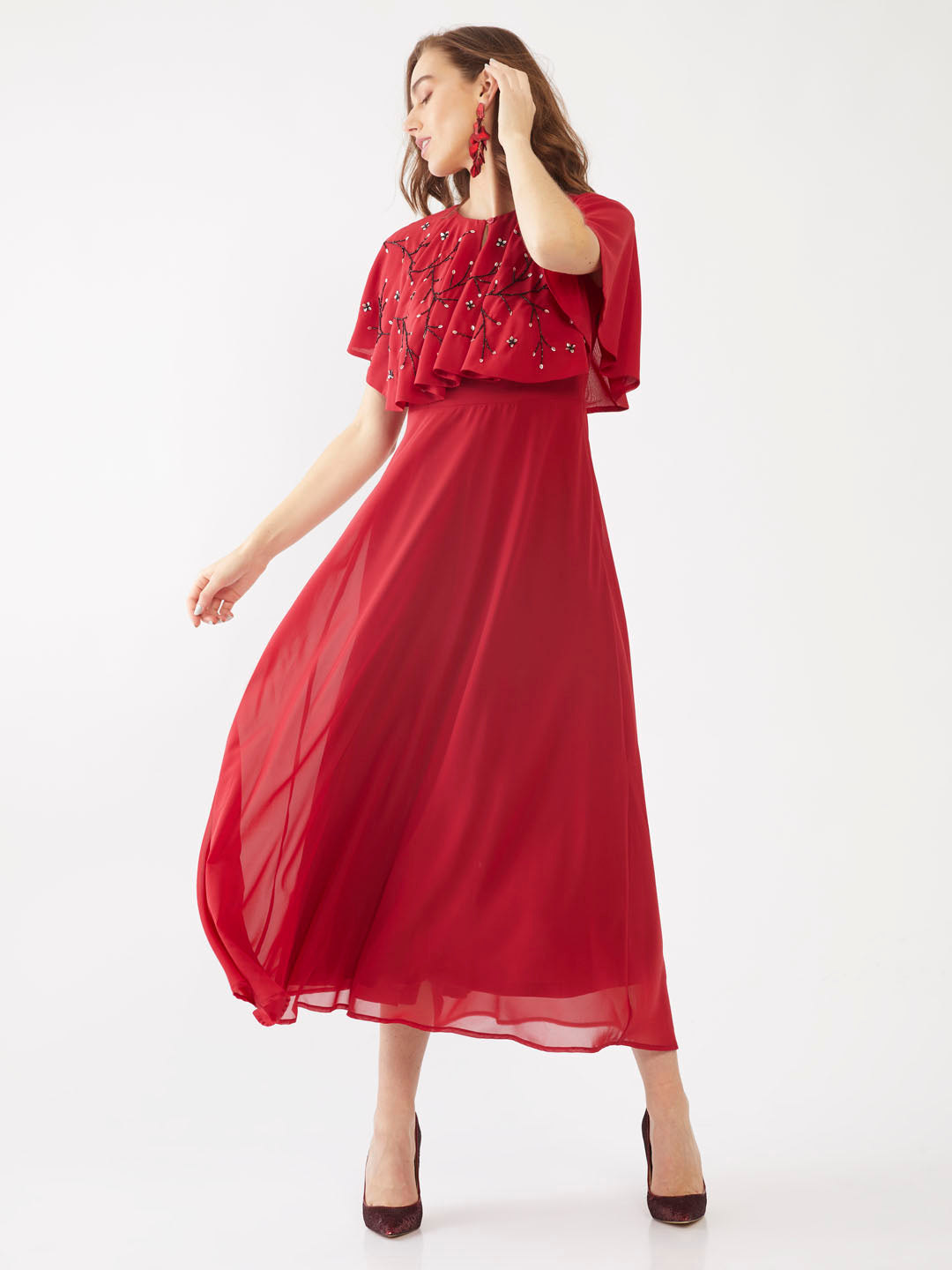 Red Embellished Layered Maxi For Women