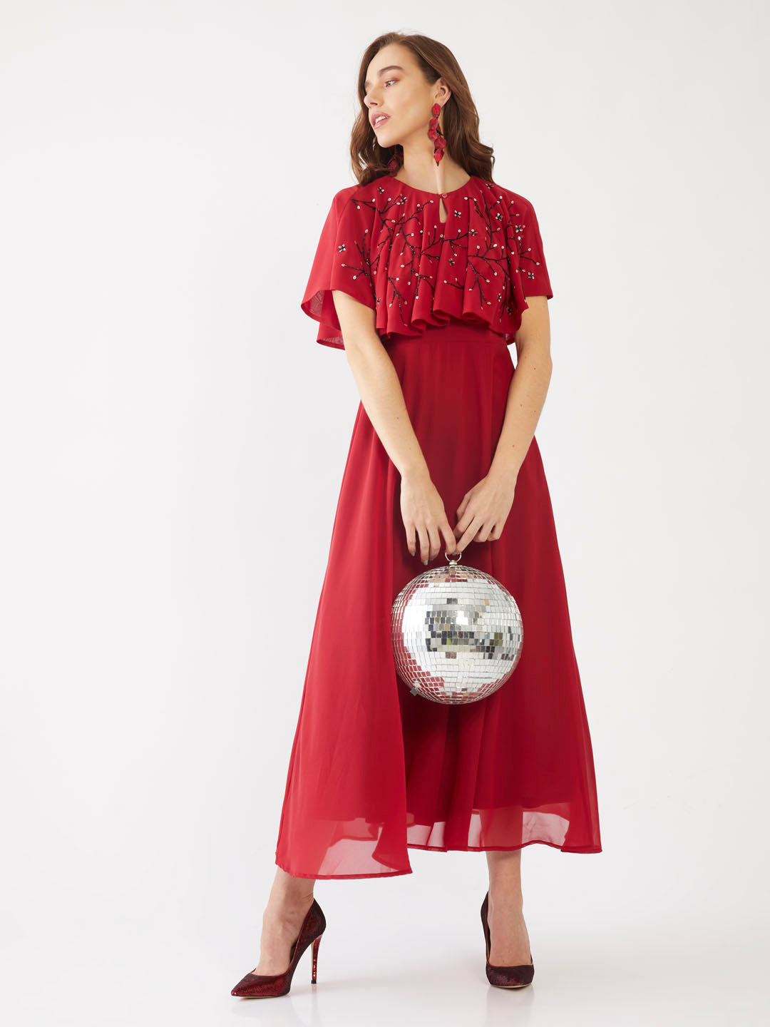 Red Embellished Layered Maxi For Women