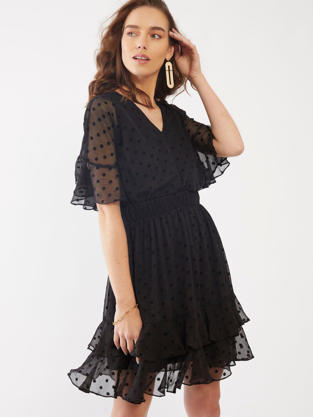 Black Polka Tiered Short Dress